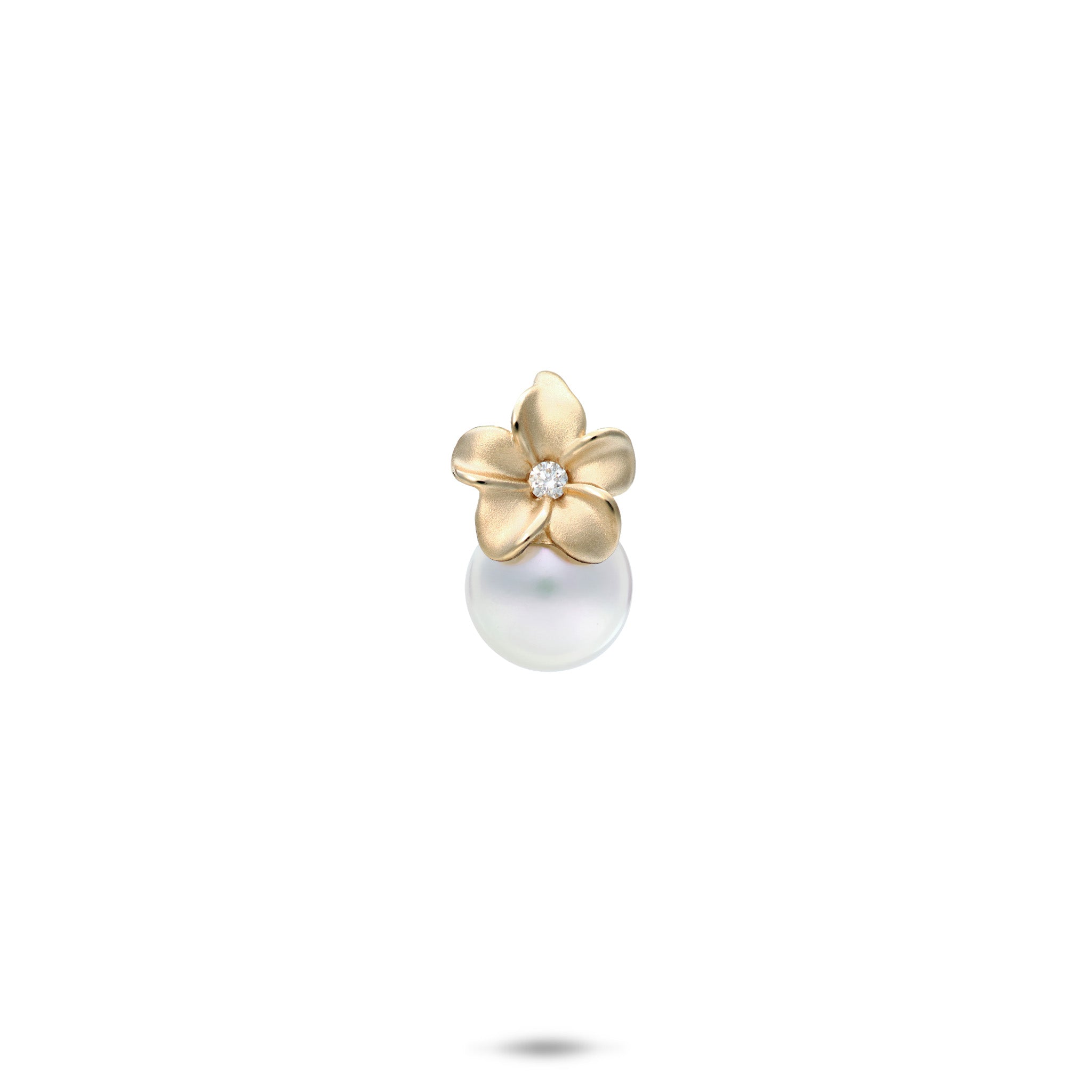 14k Yellow Gold and Diamond-accent Plumeria Pendant with an Akoya White Pearl on a white backgroundd