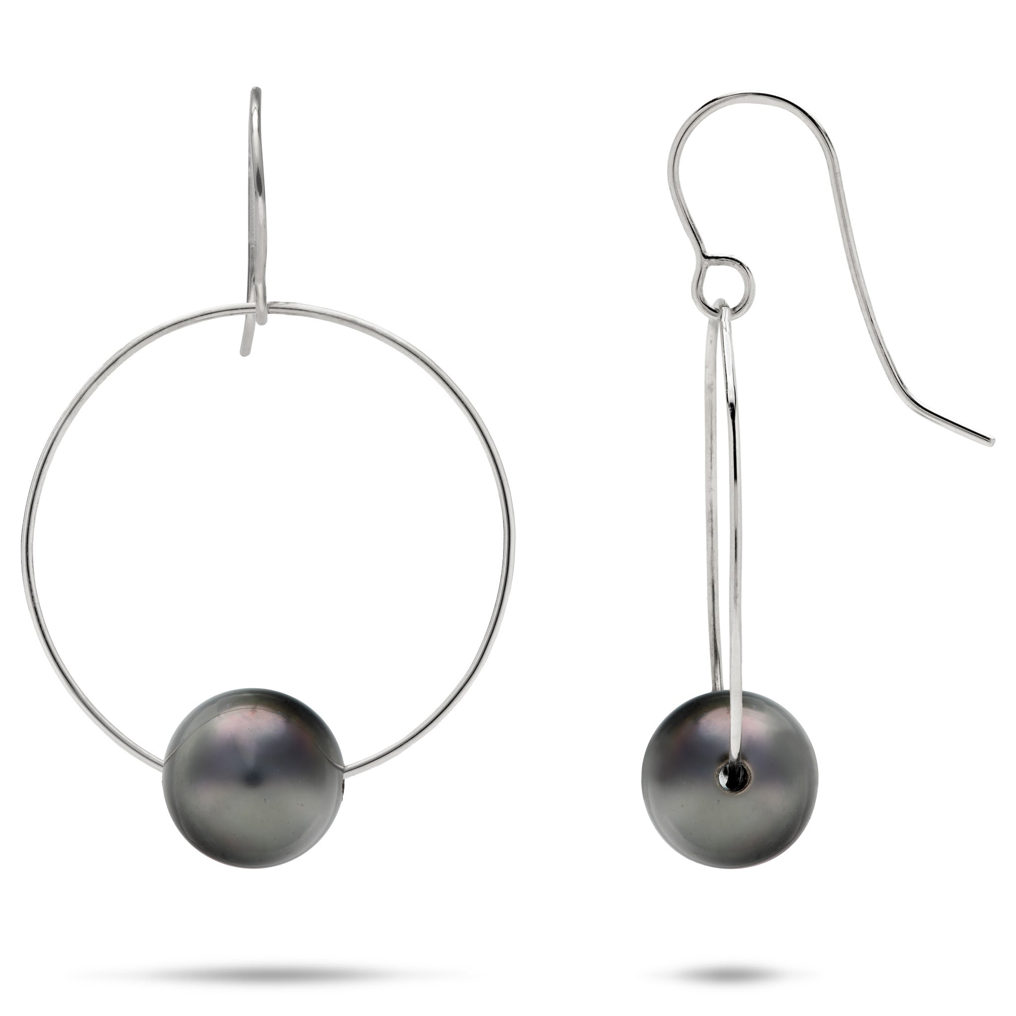 9-10mm Tahitian Black Pearl Shepherd's Hook Hoop Earrings in 14k White Gold on a white background
