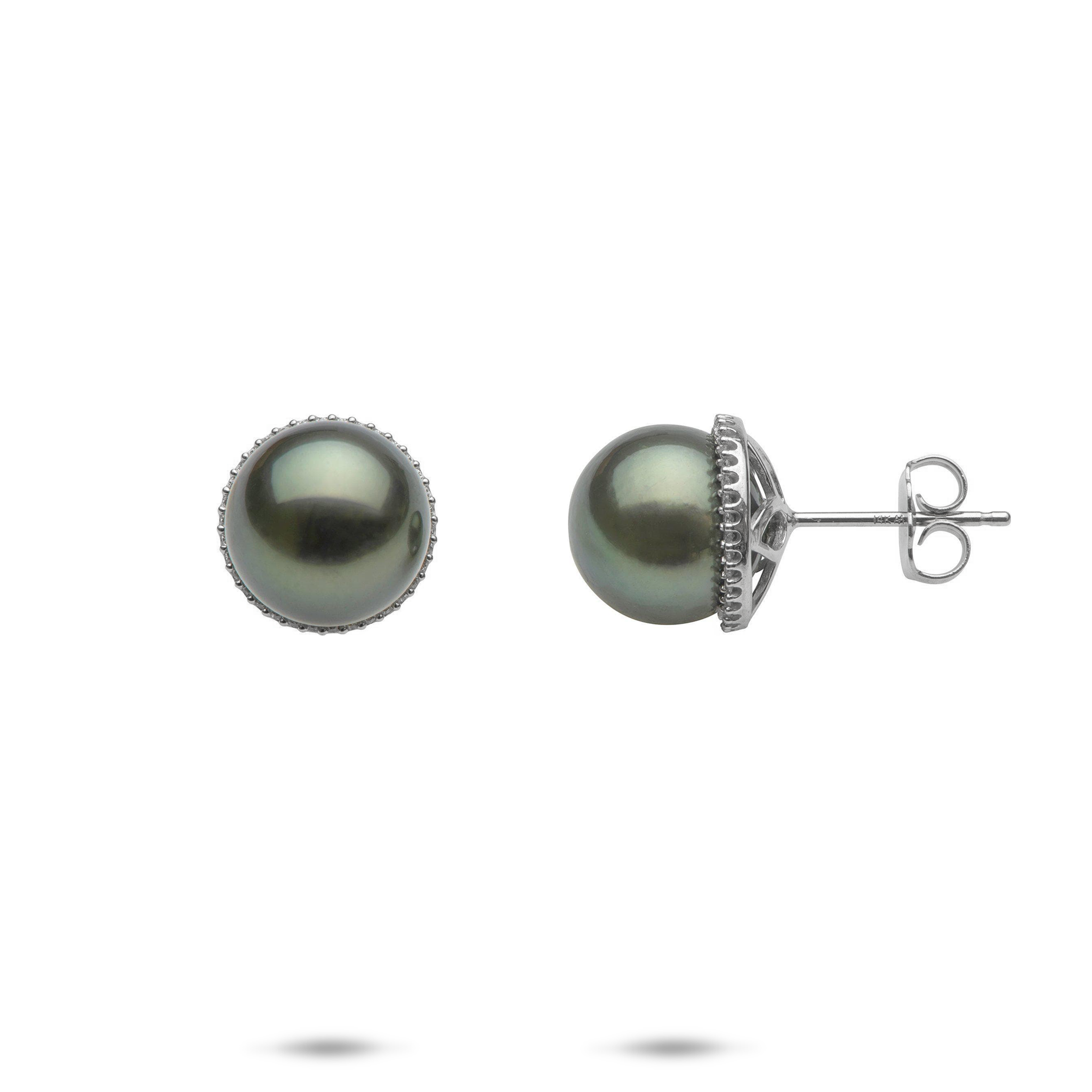 ダイヤモンドと白金のタヒチの黒い真珠のイヤリング -  9-10mm