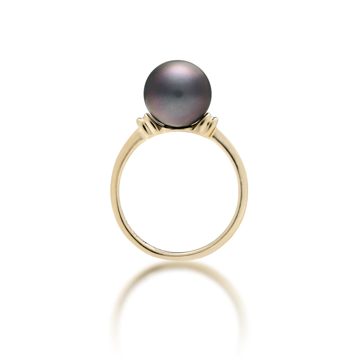 Profile view of a 14k yellow gold ring with a Tahitian black pearl and raised divot gold accents on each side  of the pearl, shown on a white background