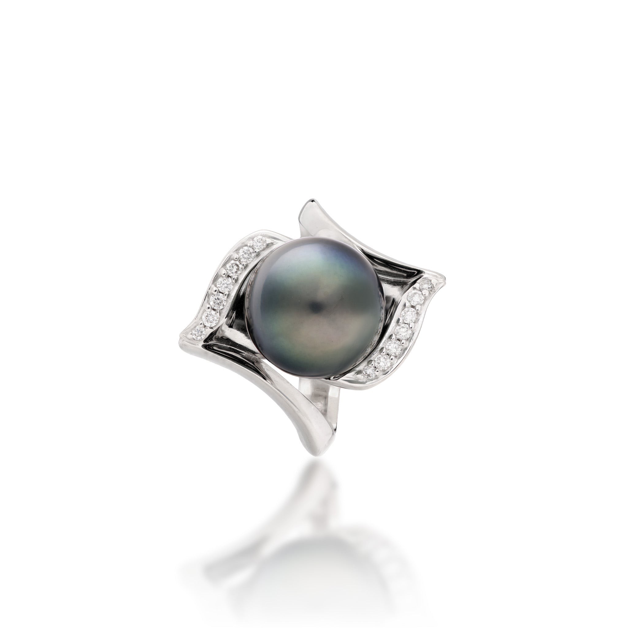 Top view of a 14k White Gold with a wavy diamond accented design and a Tahitian pearl on a white background