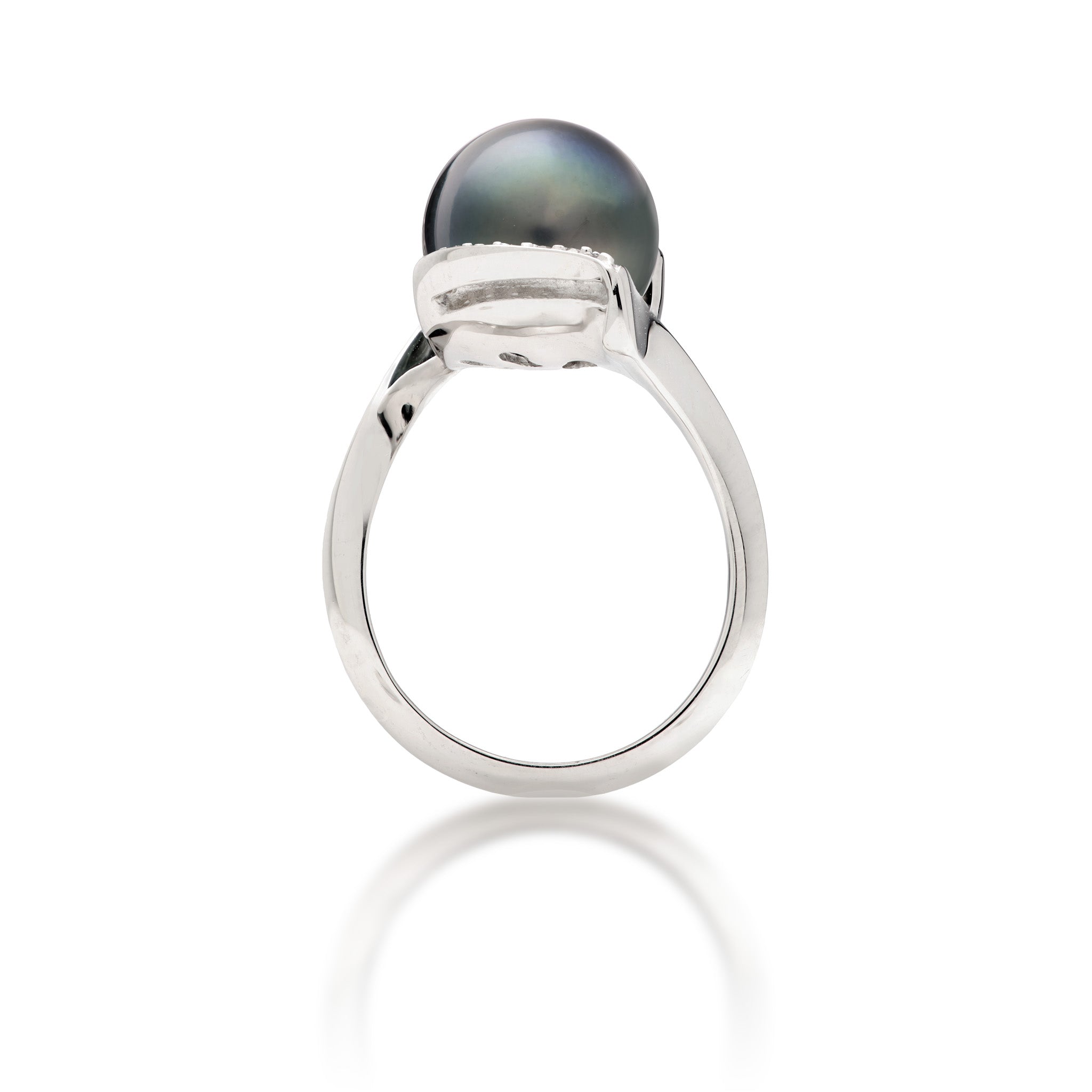 Side view of a 14k White Gold with a wavy diamond accented design and a Tahitian pearl on a white background