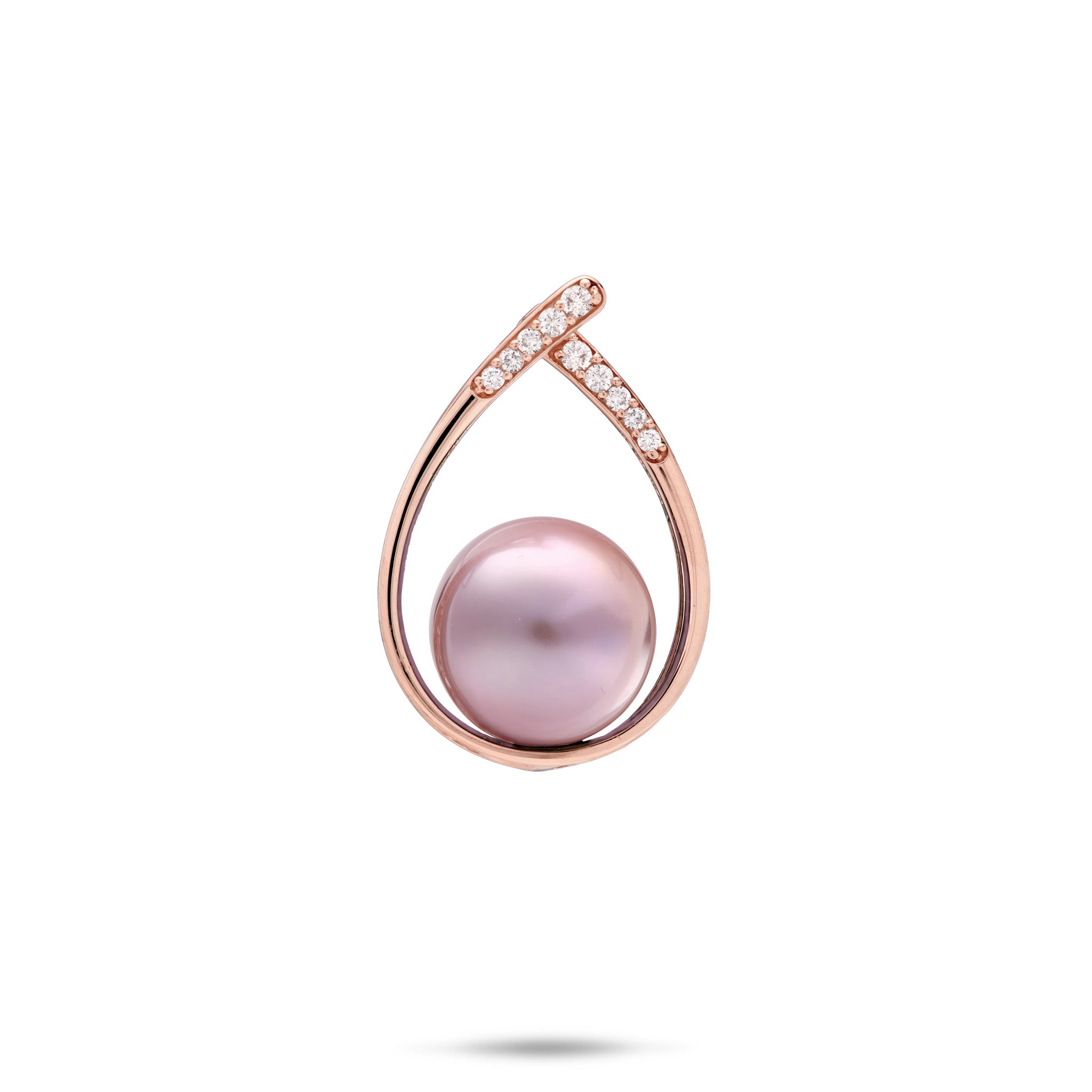 14k Rose Gold Diamond Teardrop Pendant with a 10-11mm Liliac Freshwater Pearl on a white background 