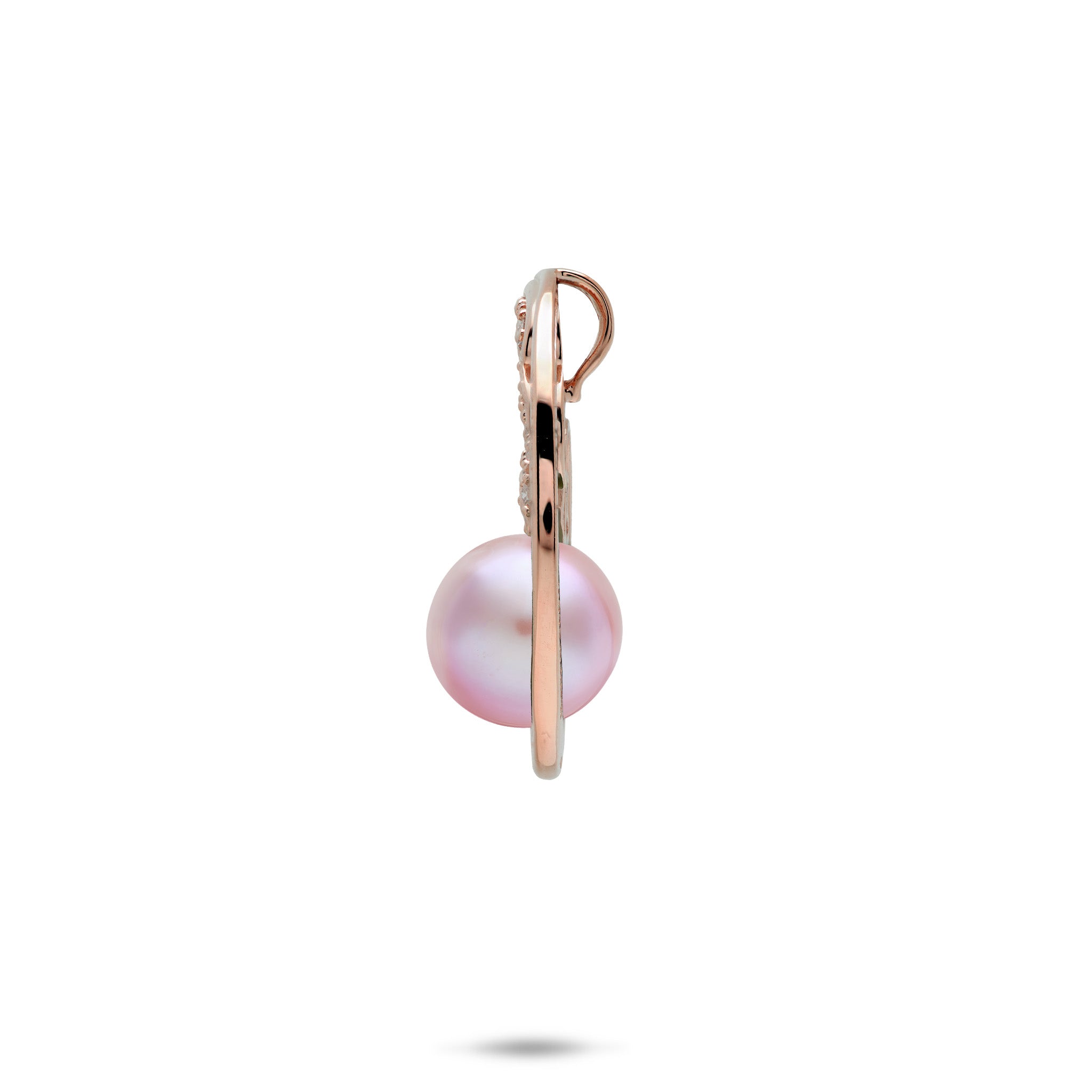 Side view of a 24mm Ocean Wave Diamond and Lilac Freshwater Pearl Pendant in 14k Rose Gold on a white background