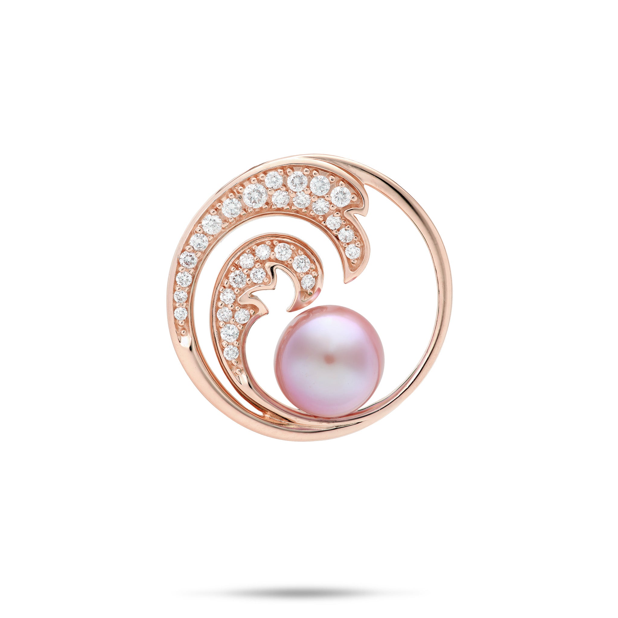 24mm Ocean Wave Diamond and Lilac Freshwater Pearl Pendant in 14k Rose Gold on a white background