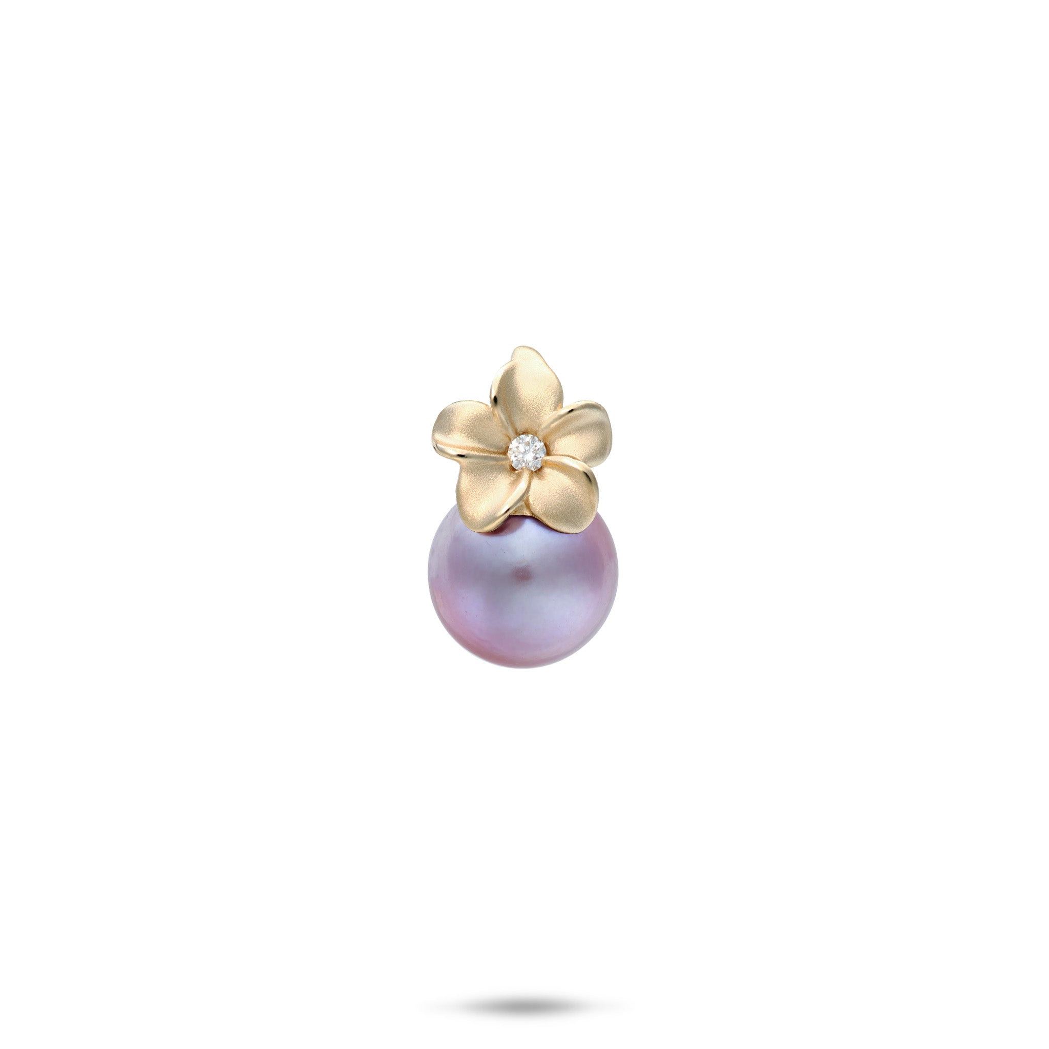 14k Yellow Gold Plumeria Pendant with Diamond-accent and Lilac Freshwater Pearl on a white background