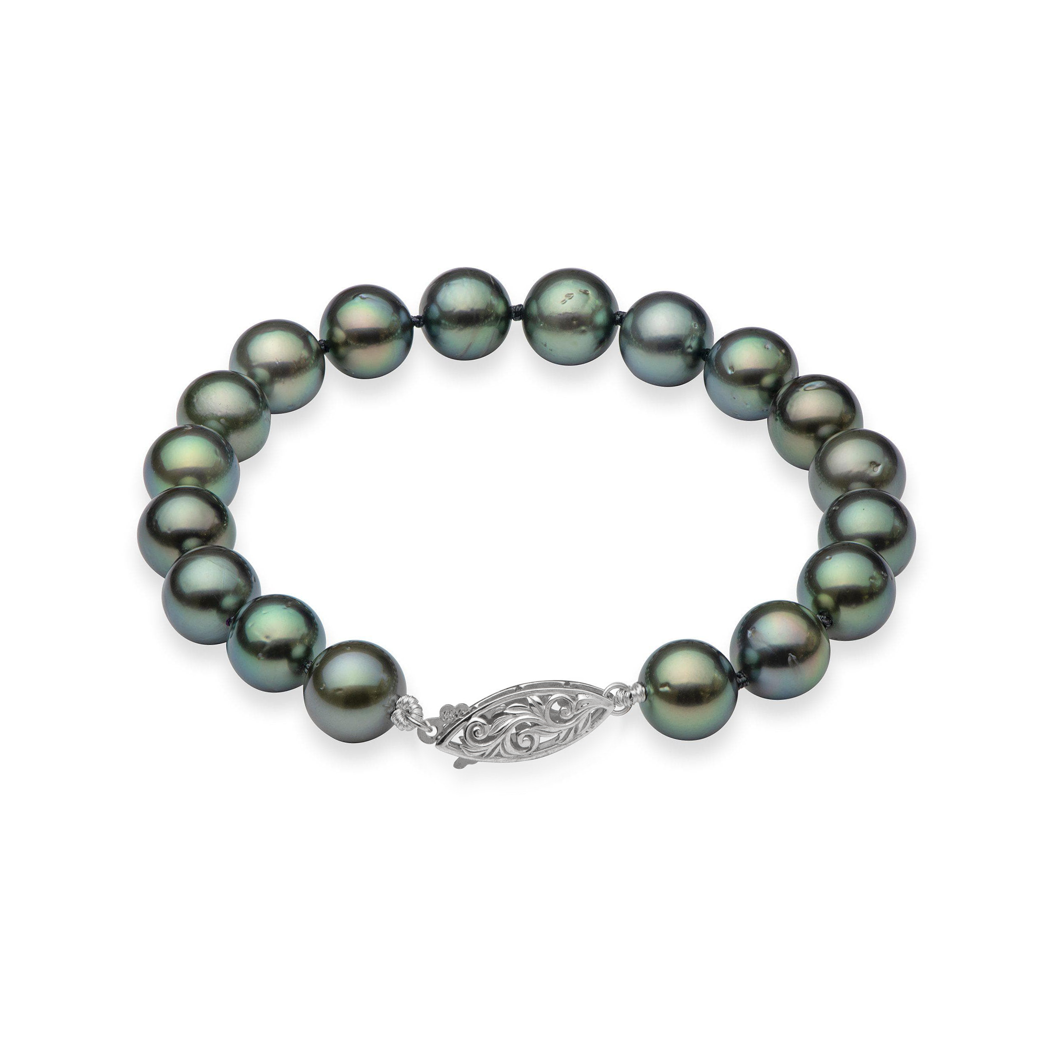 8" Tahitian Black Pearl Bracelet in White Gold - 9-10mm