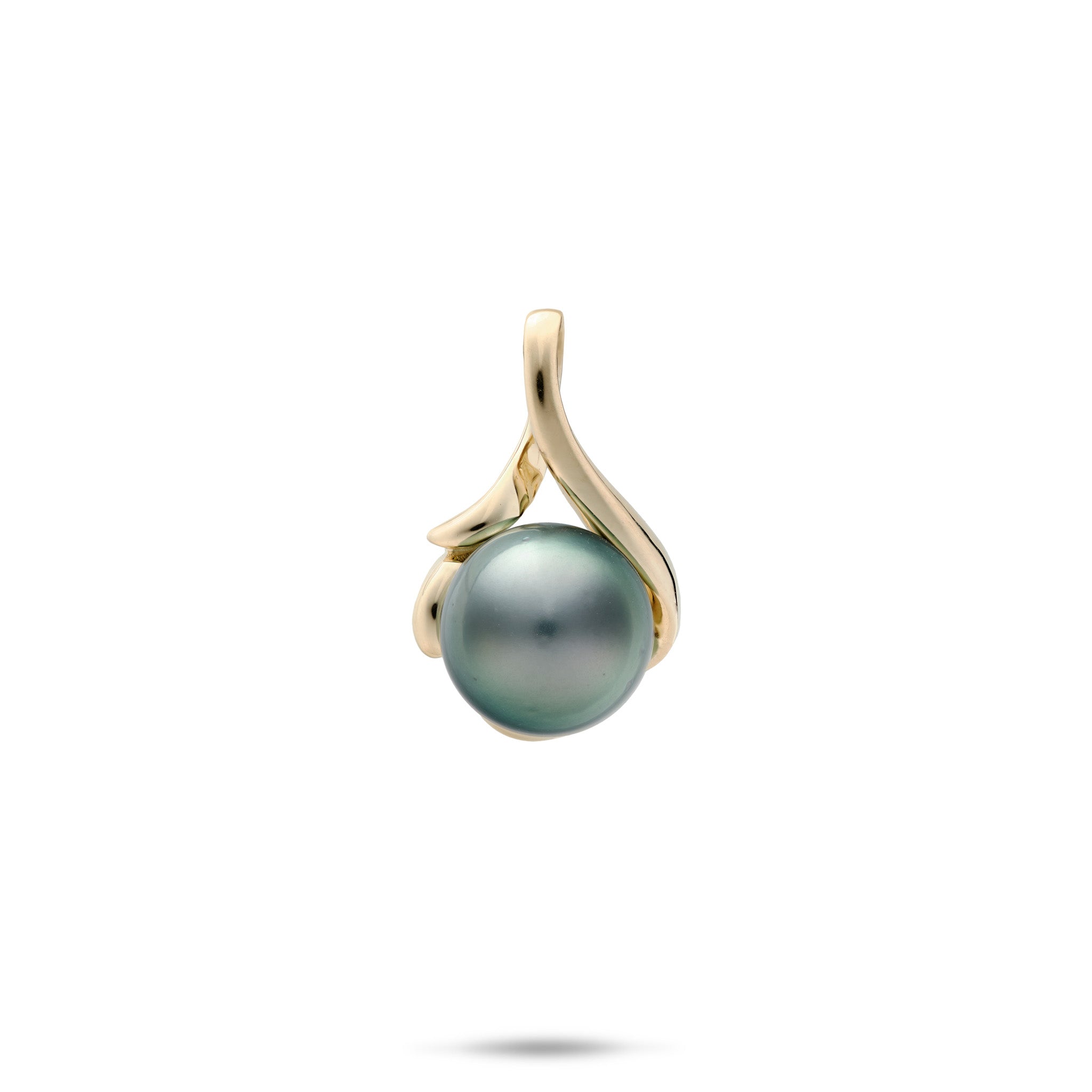 14k Yellow Gold Pendant with a Swirling design that holds a Tahitian black pearl