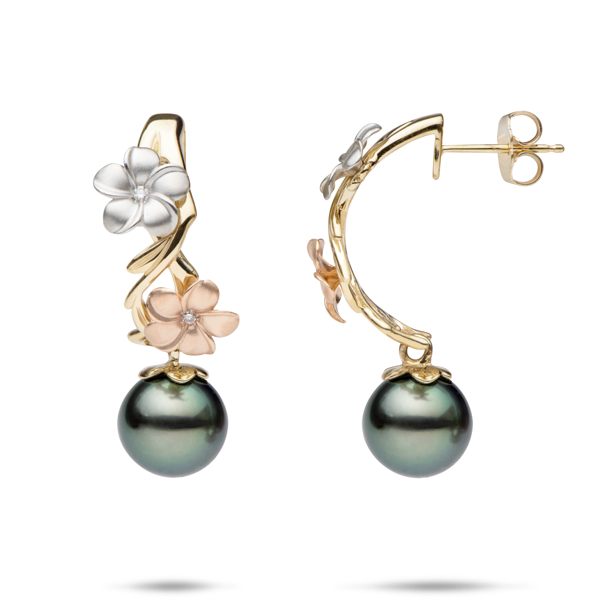 Bloom Plumeria TahitianブラックパールイヤリングダイヤモンドとTriカラーゴールドのイヤリング -  23mm
