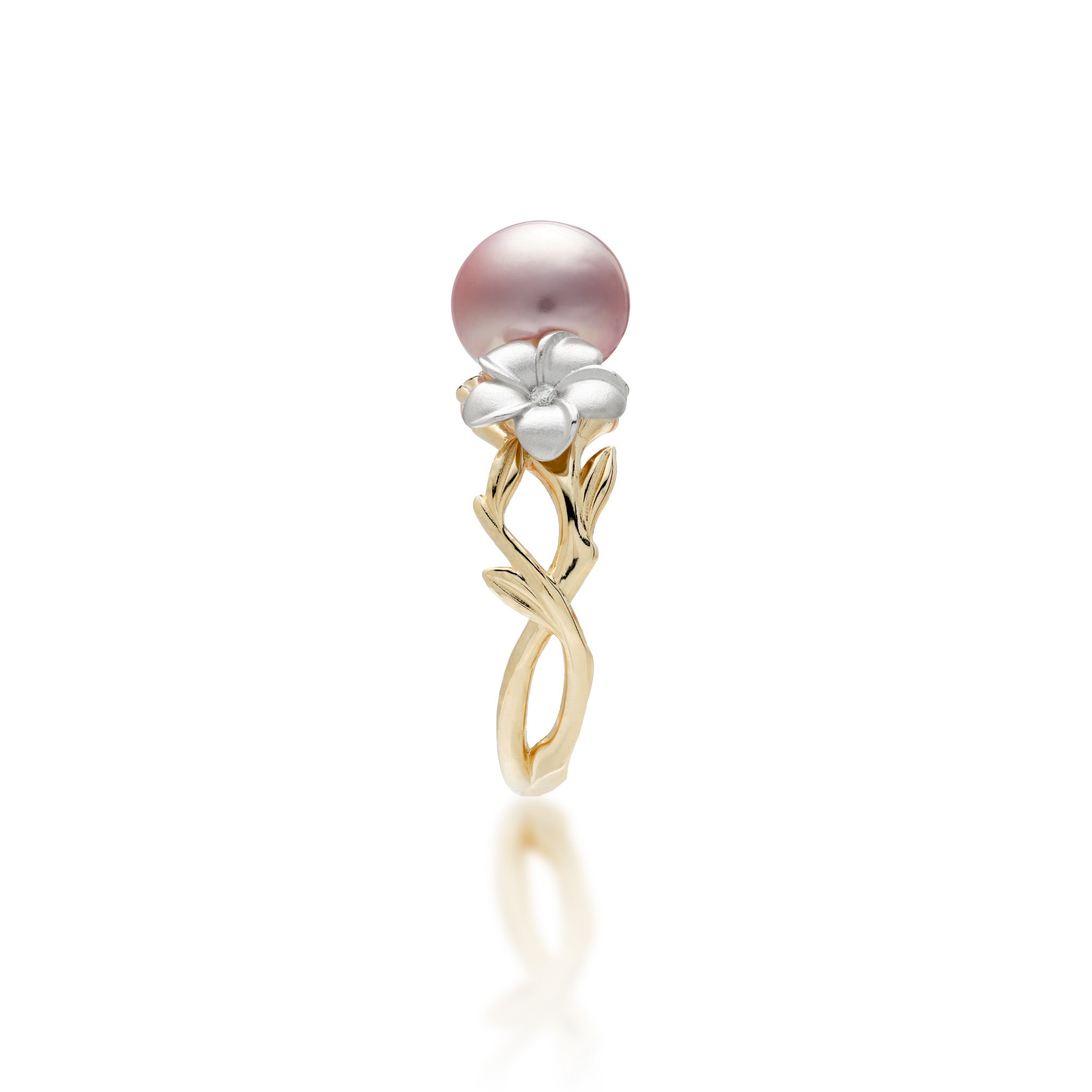 Left view of the Pearls in Bloom Plumeria 8mm Lavender Freshwater Pearl Ring in Tri Color Gold with Diamonds on a white background
