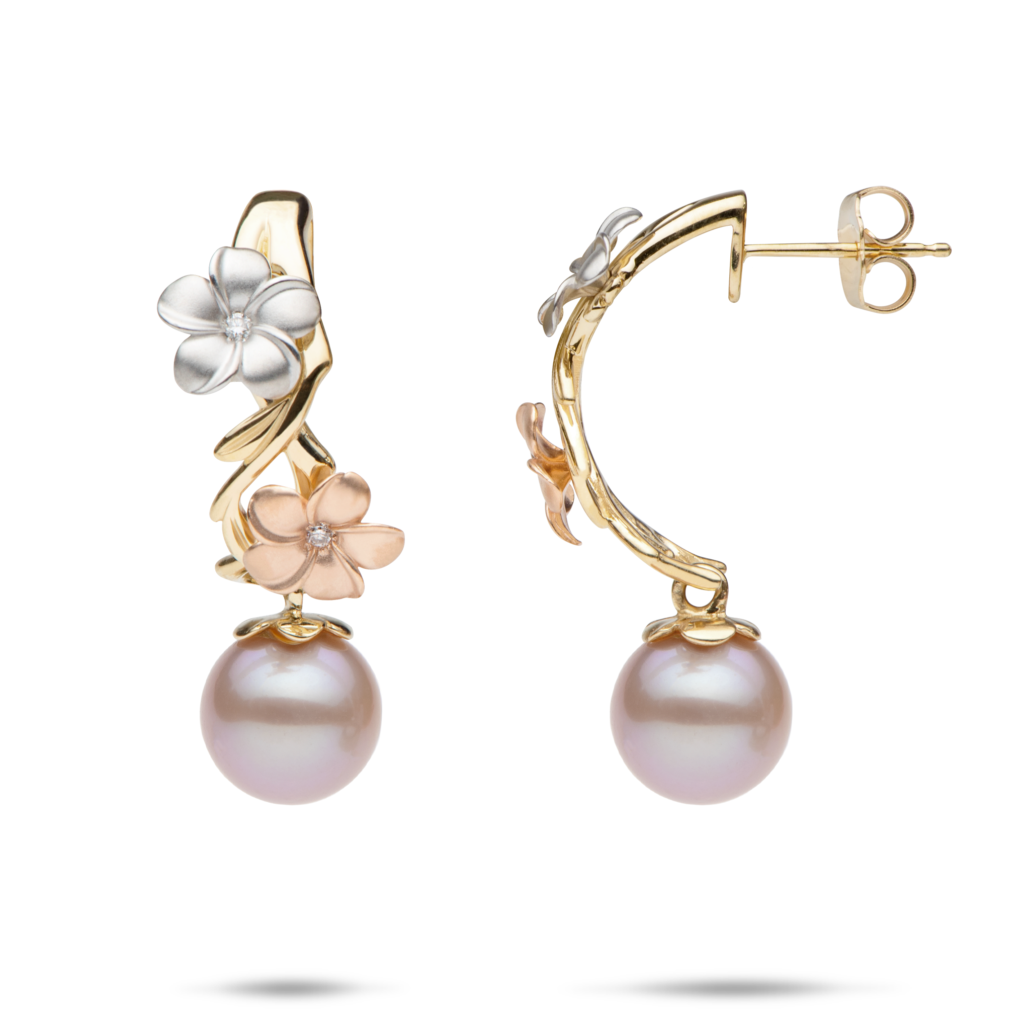 Bloom Plumeria Lavenderの淡水パールイヤリングDiamonds -23mm
