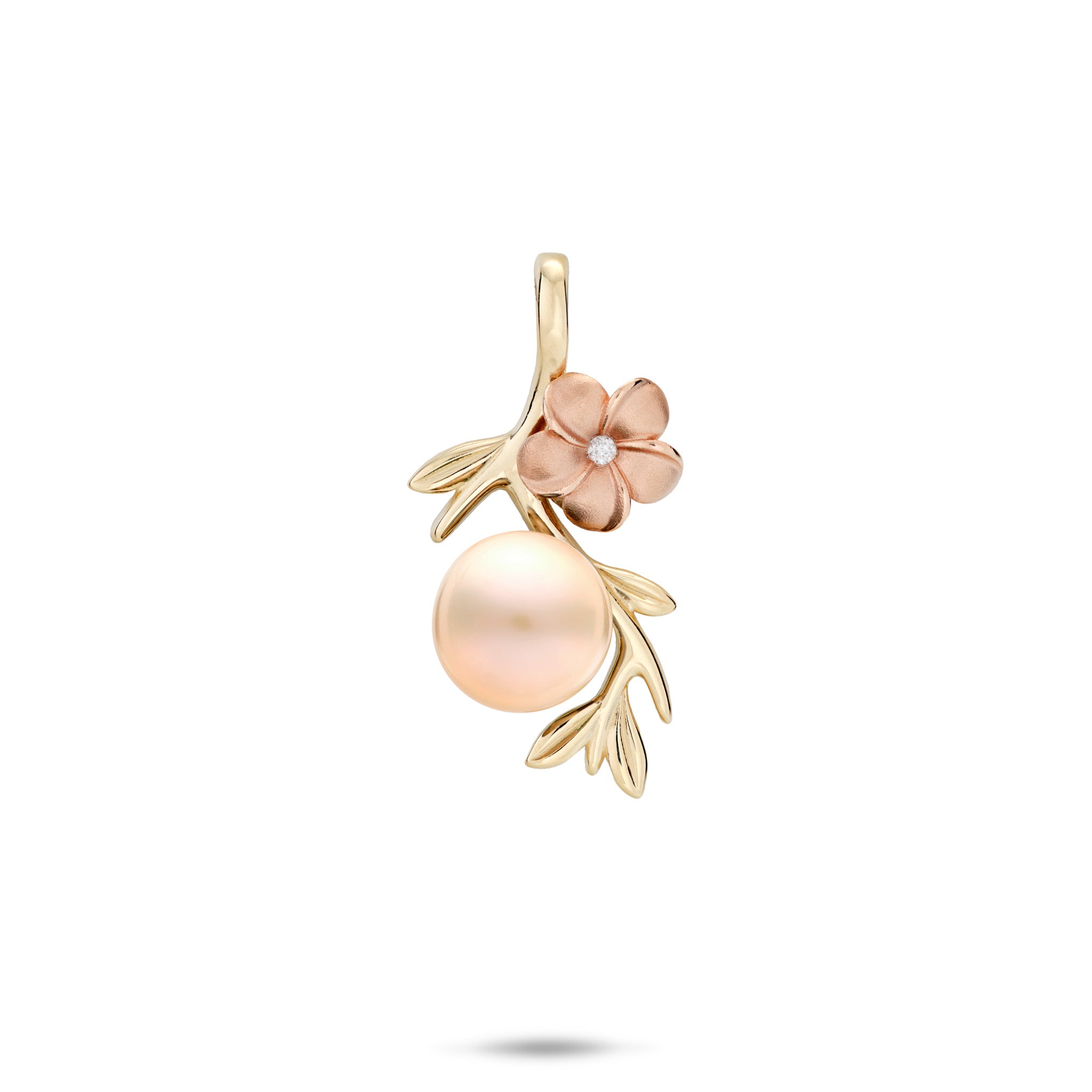 25mm Pearls in Bloom Plumeria Peach Freshwater Pearl Pendant in Two Tone Gold with Diamonds on white background