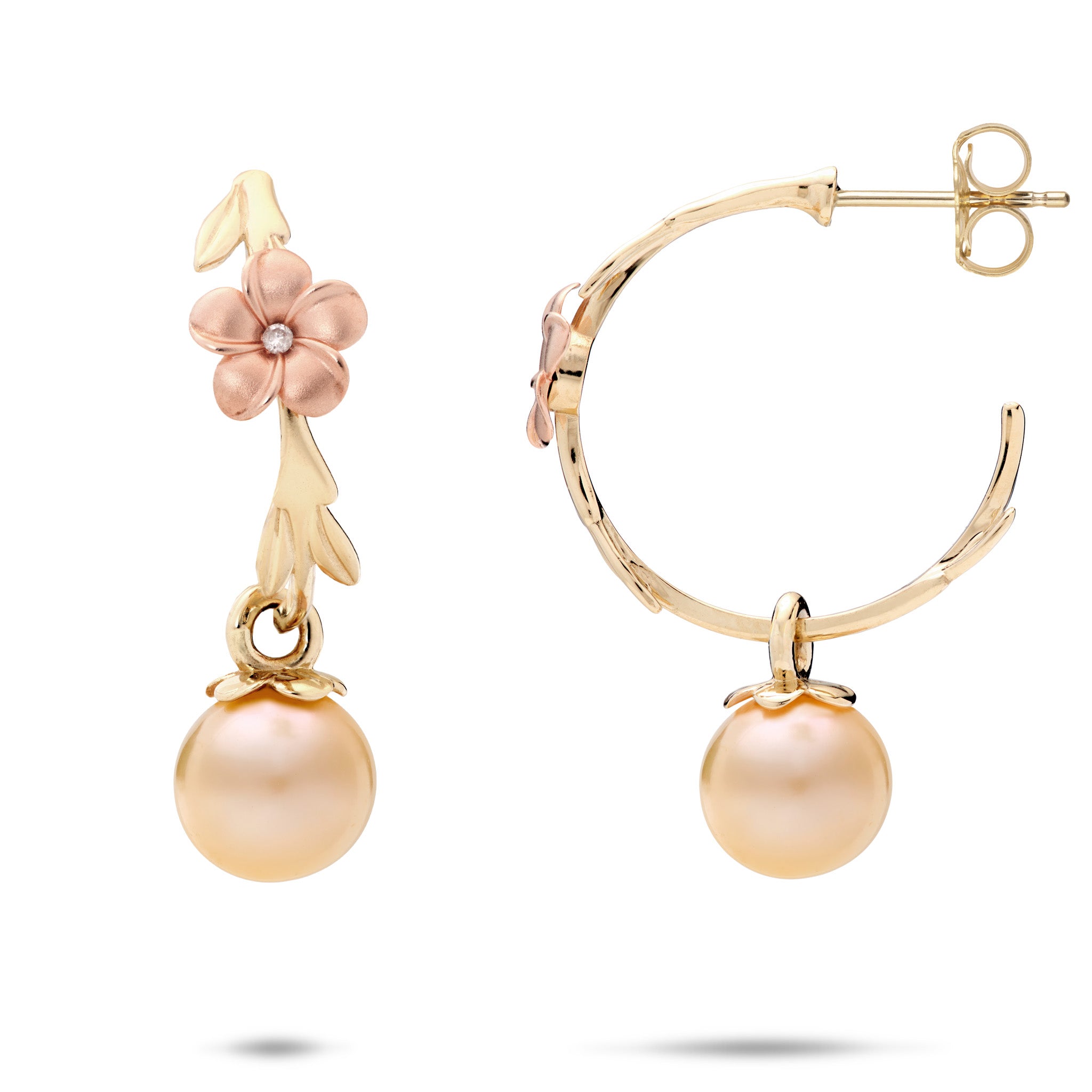 Pearls in Bloom Plumeria Peach Freshwater Pearl Hoop Earrings in Two Tone Gold with Diamonds on white background