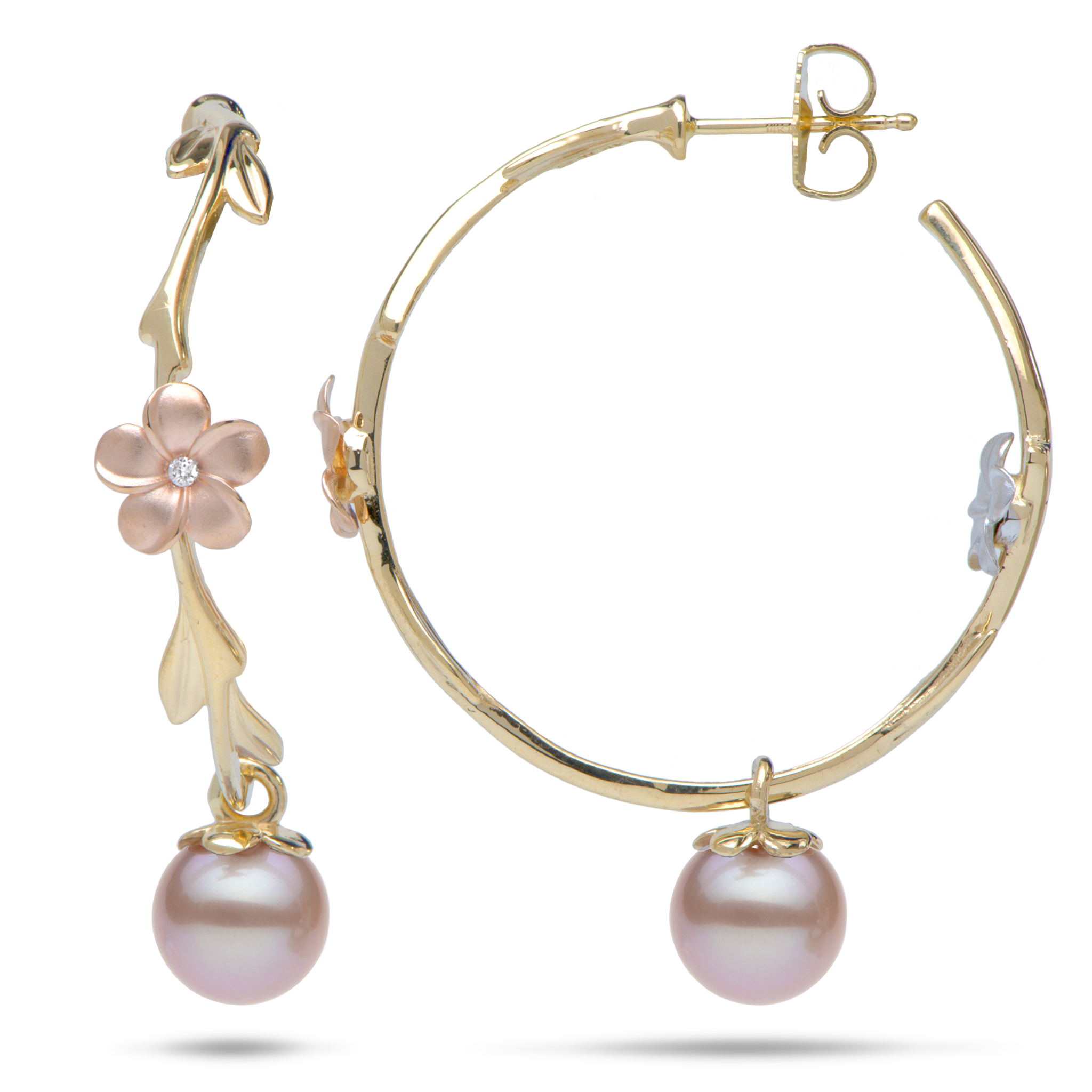 Bloom Plumeriaラベンダー淡水パールイヤリングダイヤモンドと33mm