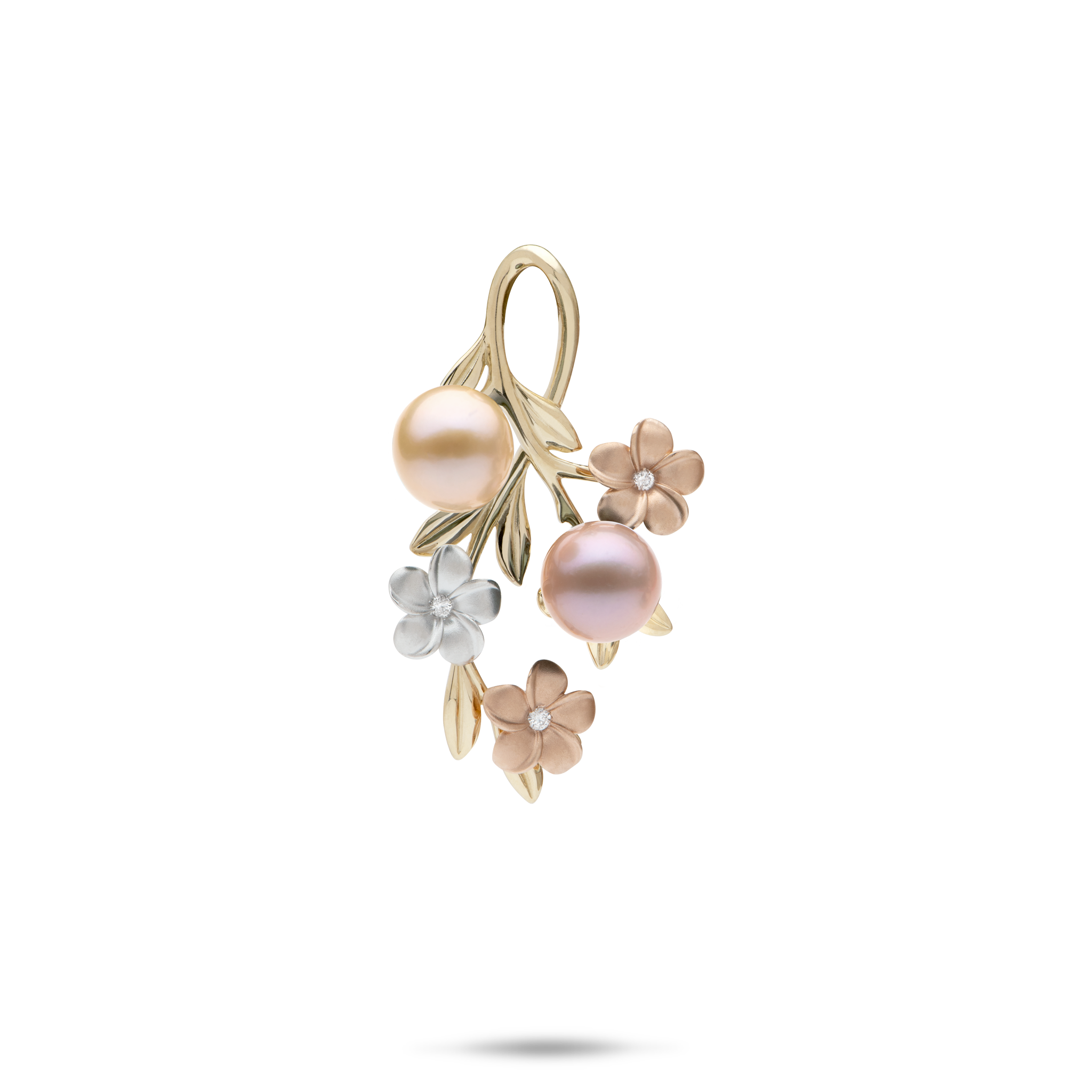Bloom Plumeriaの淡水パールペンダントダイヤモンドと3色の金 -  27mm