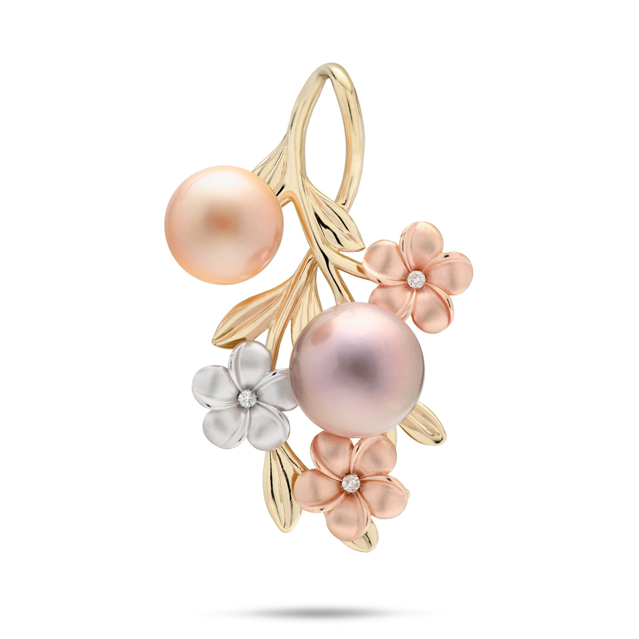 40mm Pearls in Bloom Plumeria Freshwater Pearl Pendant in Tri Color Gold with Diamonds on a white background