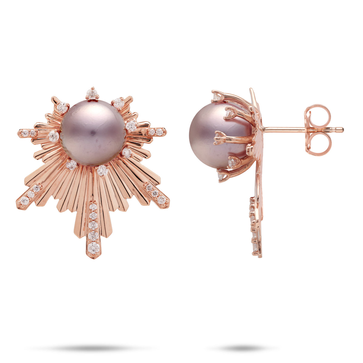 23mm E Hoʻāla sunrise Lavender Freshwater Pearl Earrings in Rose Gold with shimmering Diamond accents on a white background
