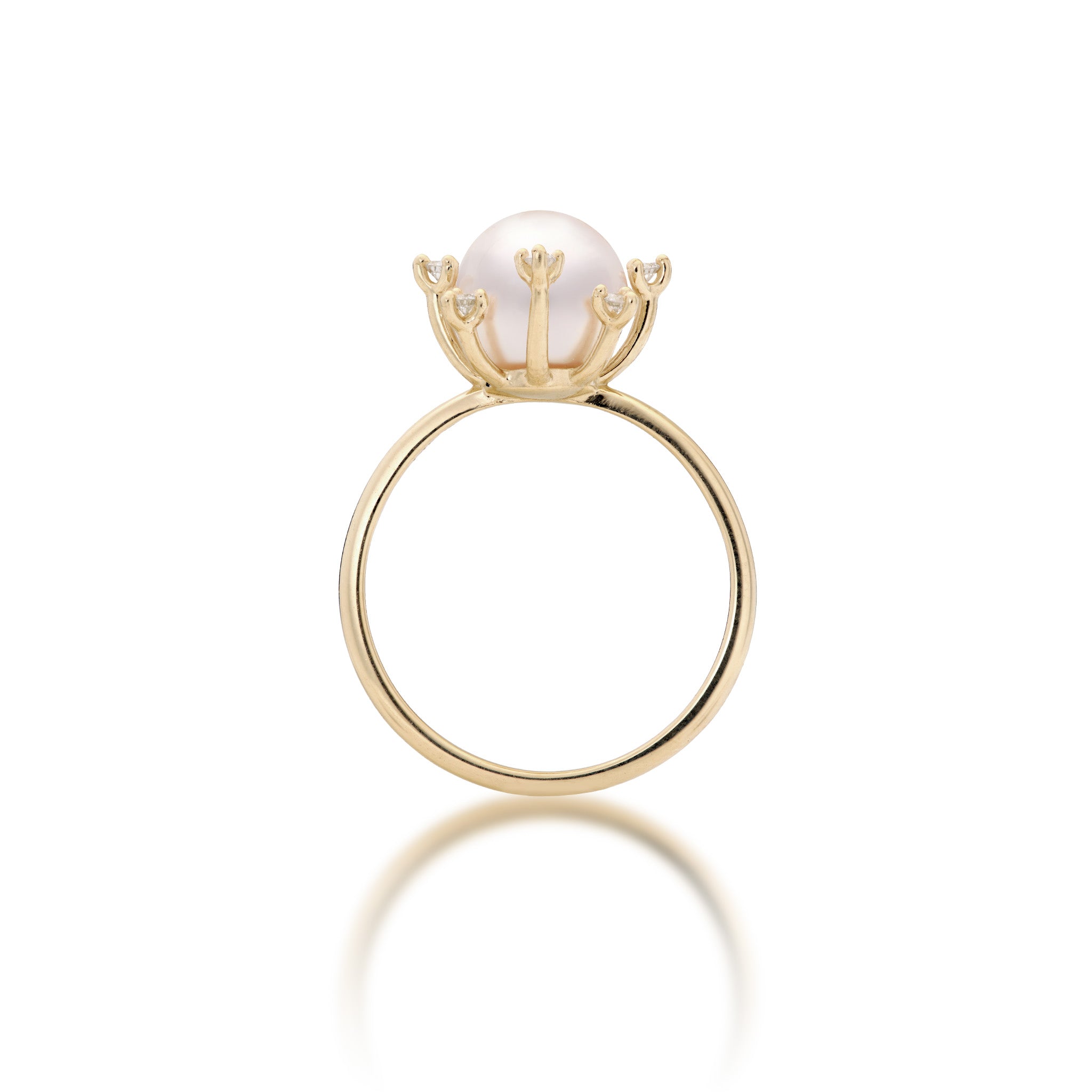 Side view of the Protea Akoya White Pearl Ring in 14k Yellow Gold with Diamonds on a white background