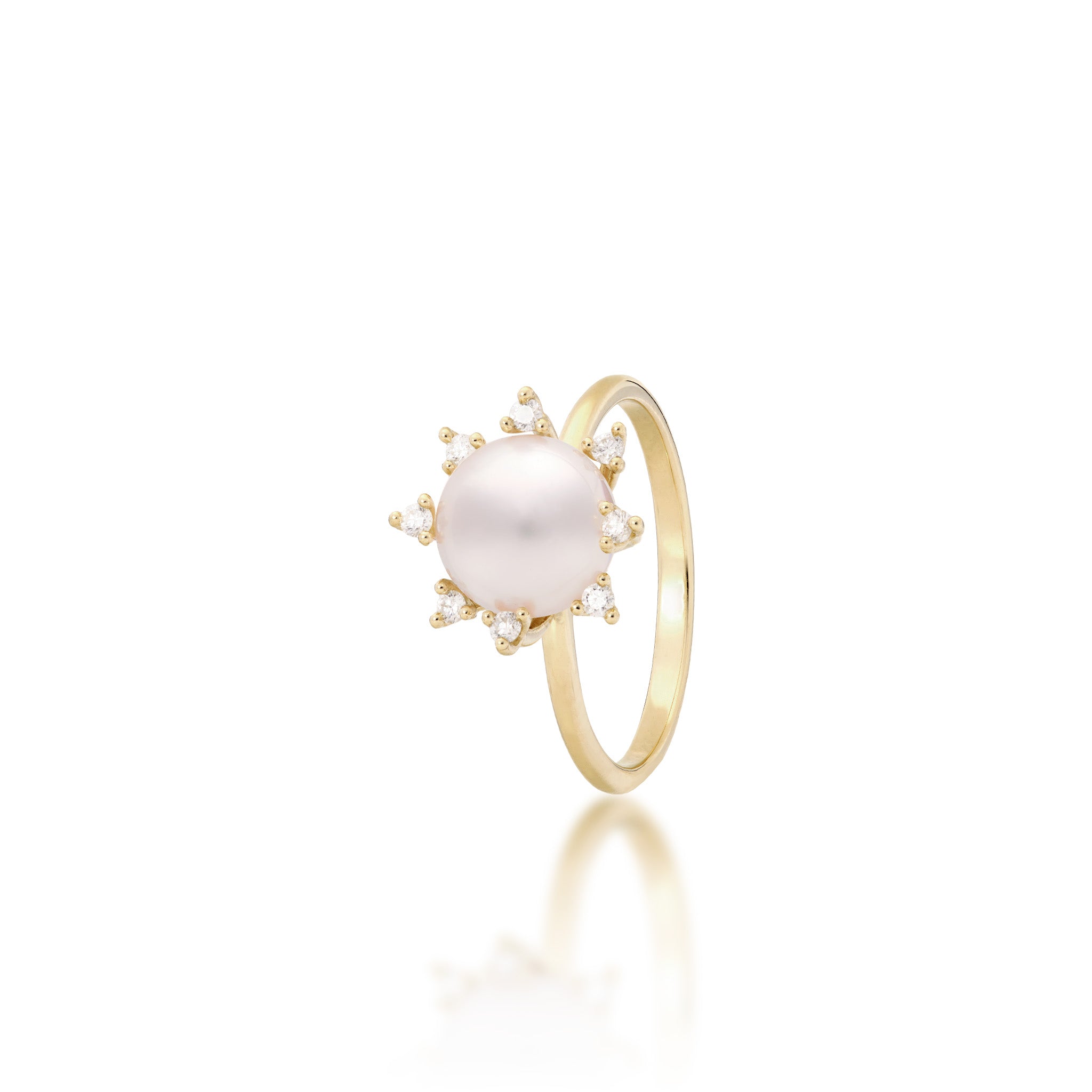 Angle view of the Protea Akoya White Pearl Ring in 14k Yellow Gold with Diamonds on a white background