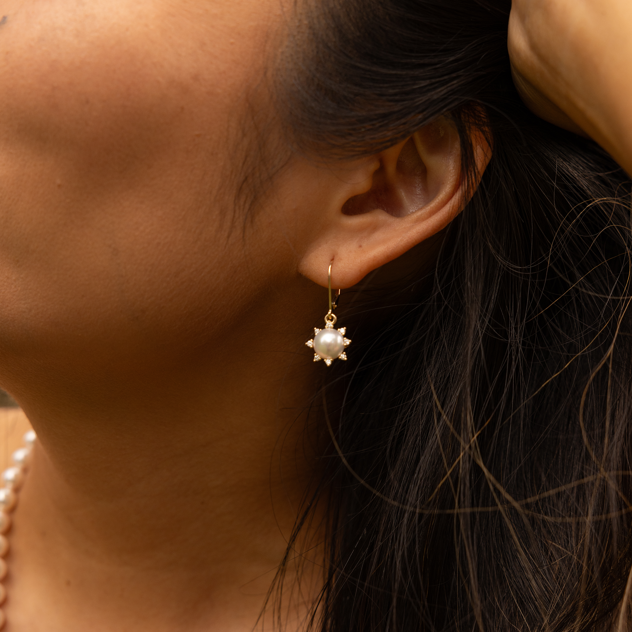 Protea Akoya White Pearl Earrings in Gold with Diamonds - 8mm