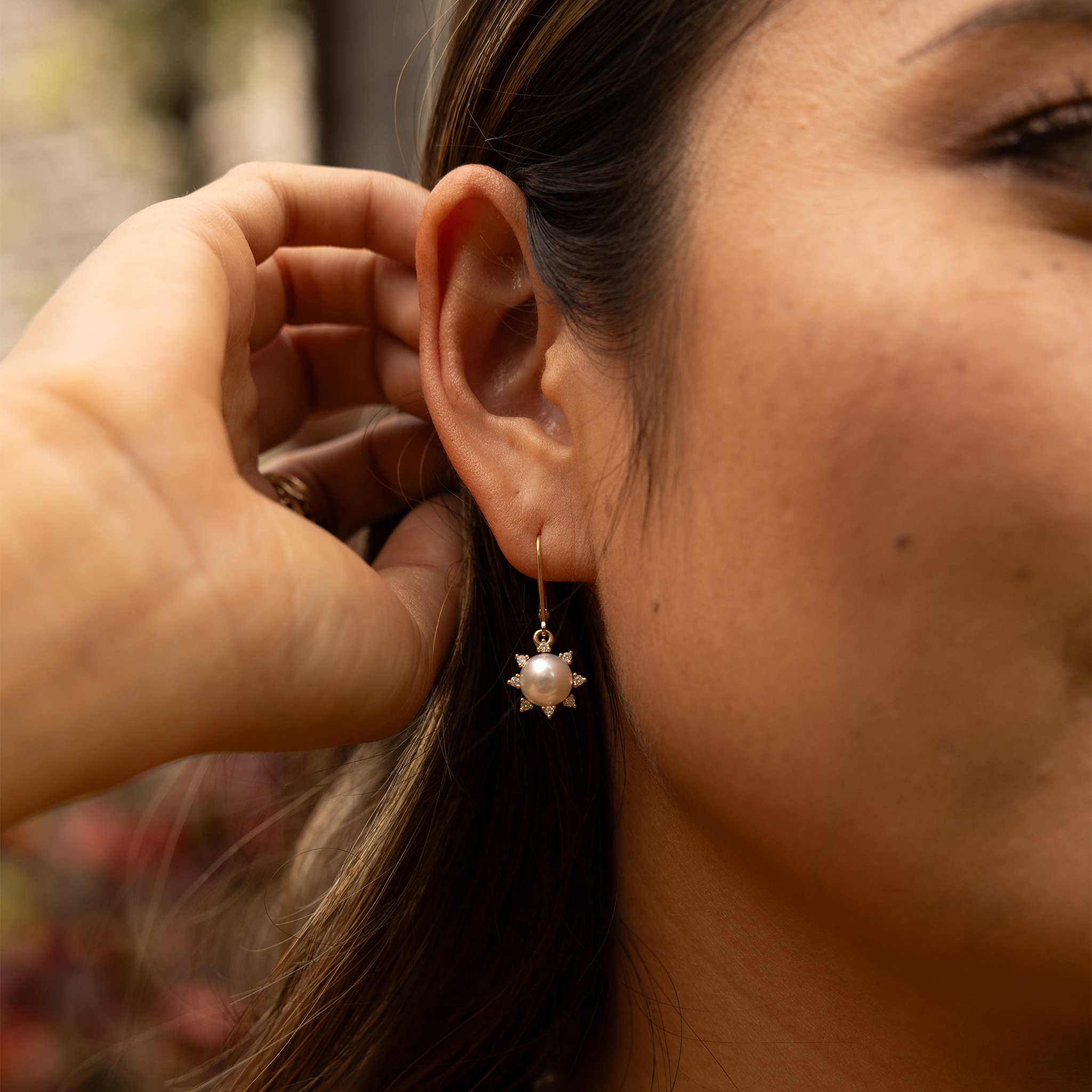 Protea Akoya White Pearl Earrings in Gold with Diamonds - 8mm