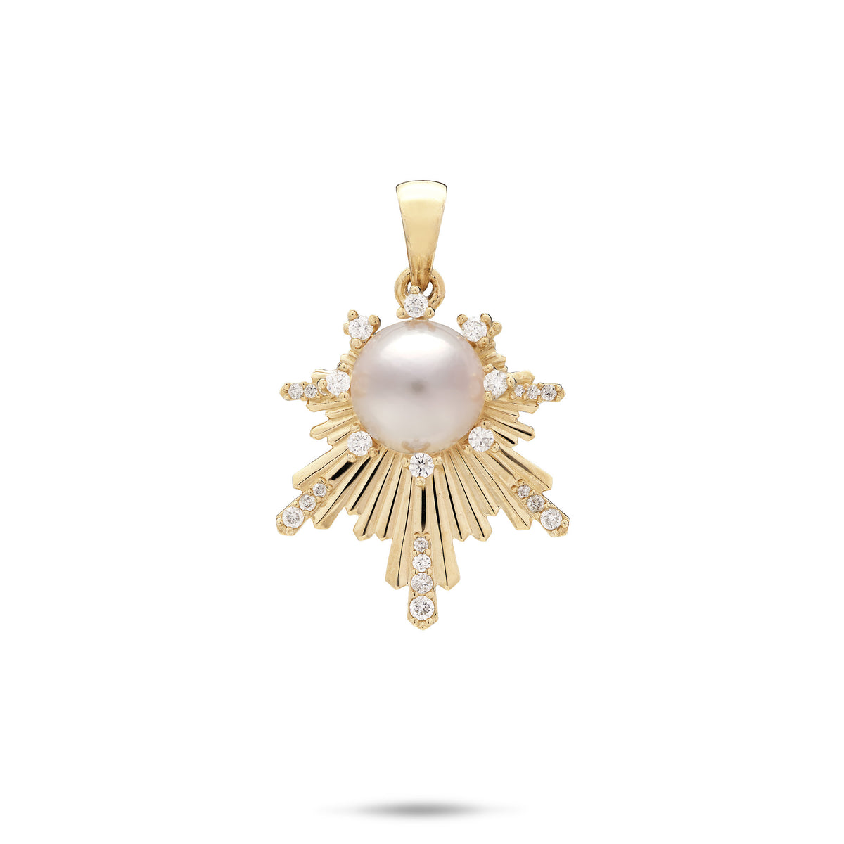 A 14k yellow gold Hawaiian sunrise-inspired pendant featuring a central Akoya white pearl surrounded by small diamonds and radiating rays of gold, shown on a plain white background.