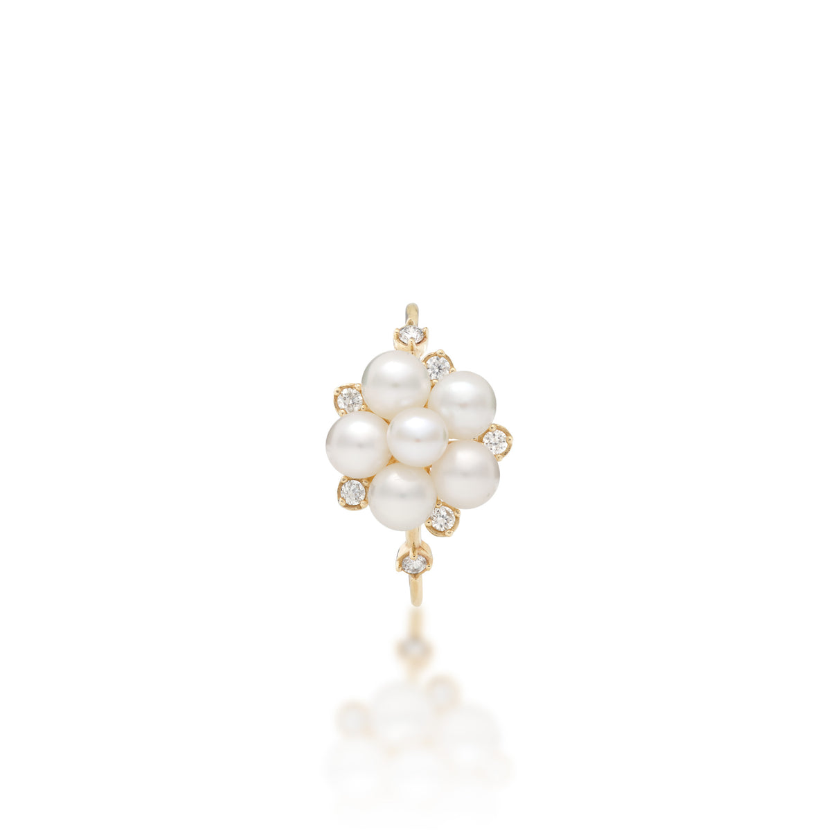 Top view of a Tiny Bubbles 3-5mm Freshwater White Pearl Ring in 14k Yellow Gold with Diamonds on a white background