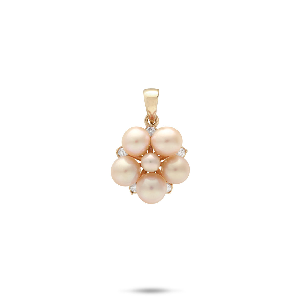 Tiny Bubbles Collection 3-5mm Pink/Peach Freshwater Pearl Pendant in 14k Yellow Gold with Diamonds on a white background