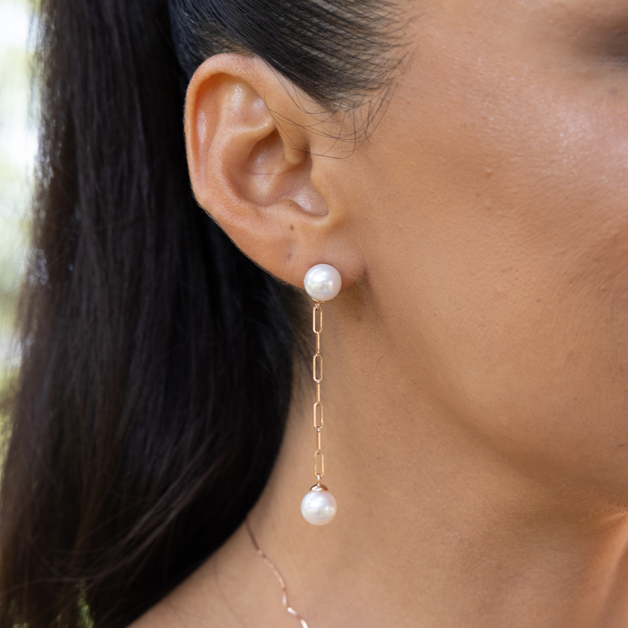 Akoya White Pearl Paperclip Chainearrings in Rose Gold -8mm