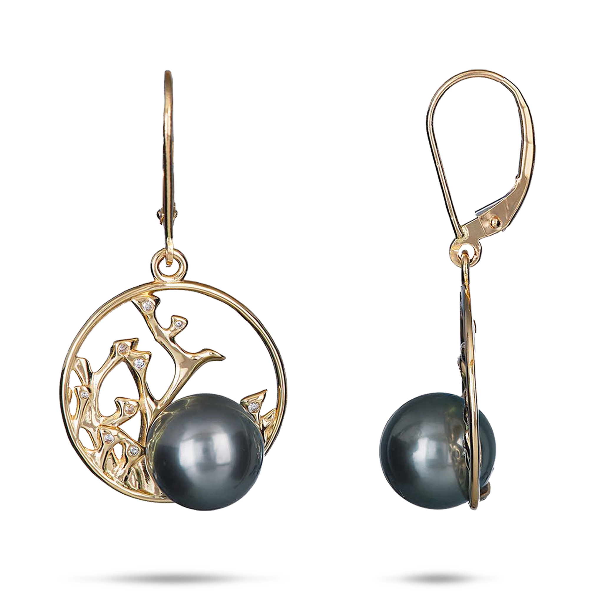 Reefs Tahitian Black Pearl Earrings in Gold with Diamonds - 9-10mm