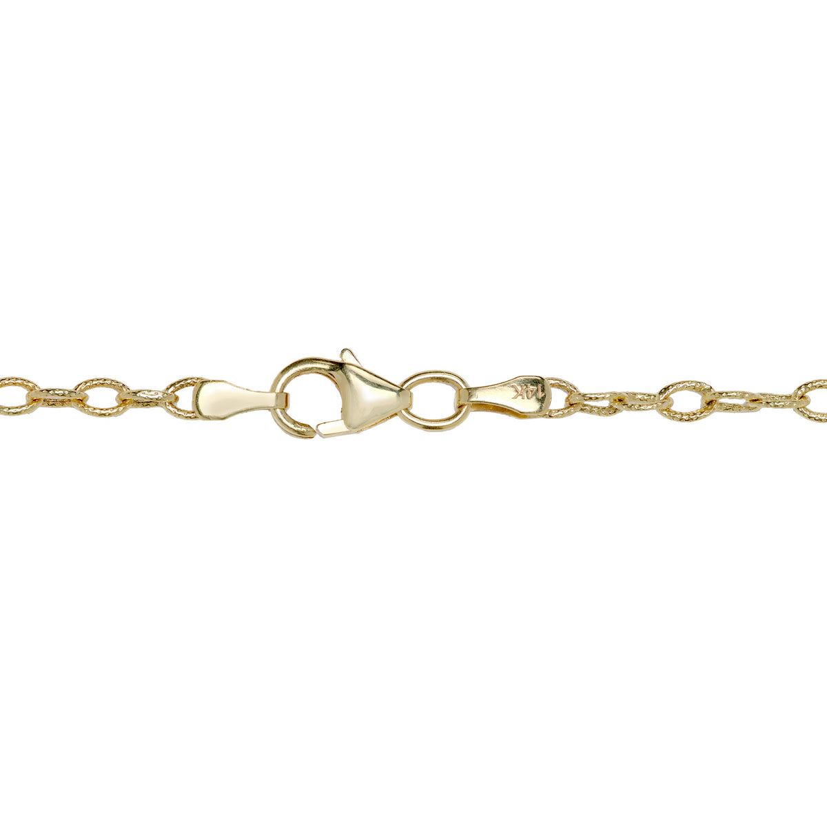 Detail of a 14k gold lobster clasp on a chain against a white backgroud