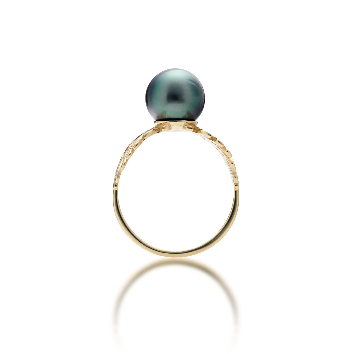 Side view of the Monstera Tahitian Black Pearl Ring in 14k Yellow Gold on a White Background