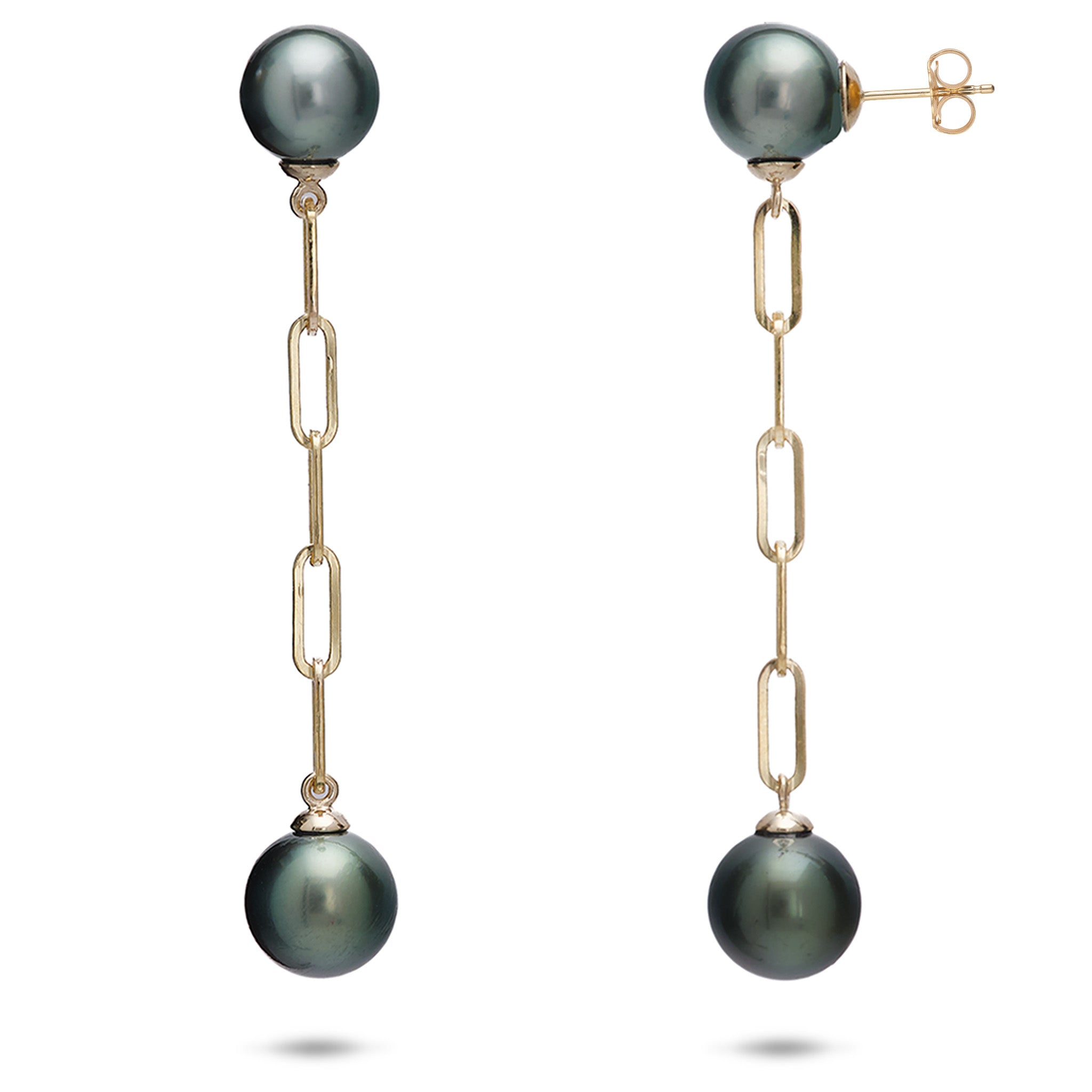9-10mm Tahitian Black Pearl Paperclip Chain Earrings in 14k Yellow Gold on a white background