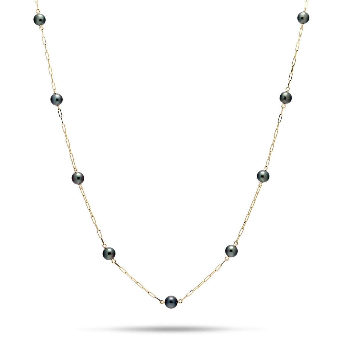 A 34-35" Adjustable 14k gold paperclip chain necklace featuring nine 10-11mm Tahitian Black Pearls spaced along the chain, displayed against a white background.