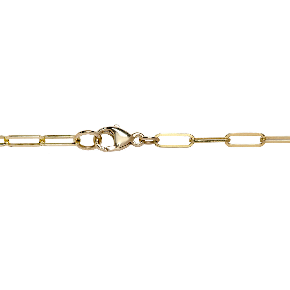 Detail of 14k gold lobster clasp on paperclip chain, placed on a white background.
