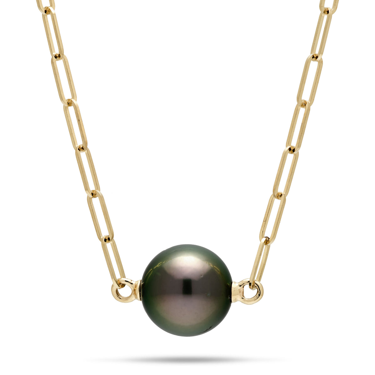 A 16-17" Adjustable gold paperclip chain necklace featuring a single 12-13mm Tahitian Black Pearl, shown against a plain white background.