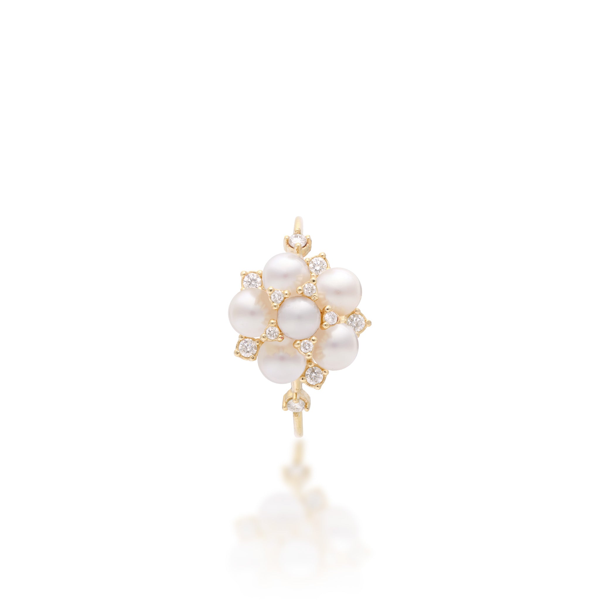 Top view of the Bubble-inspired White Freshwater Pearl and Diamond Ring in 14k Yellow Gold on a white background