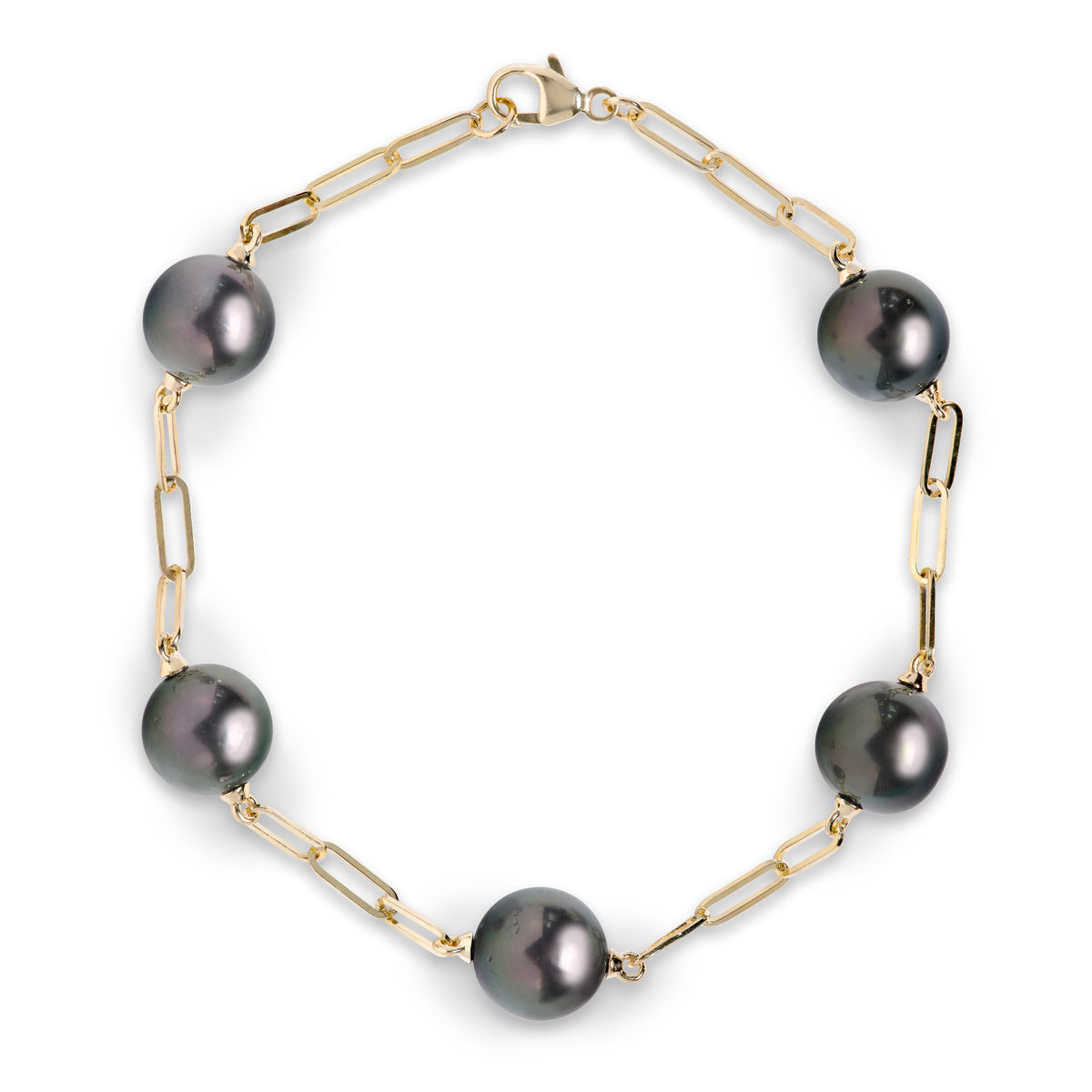 A 14k yellow gold paperclip chain bracelet with Tahitian black pearls, shown on a white background