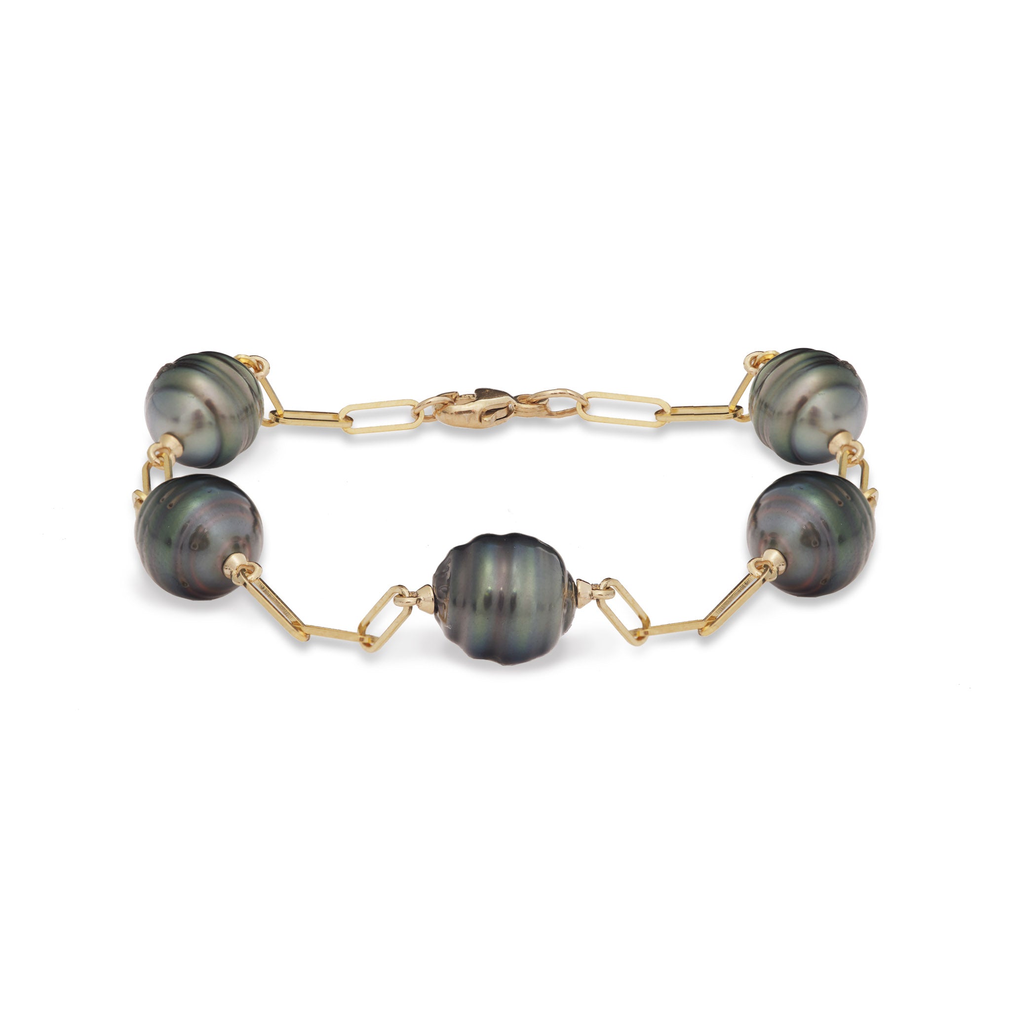 7.5-8" Paperclip Chain Tahitian Black Pearl Bracelet in Gold - 9-10mm