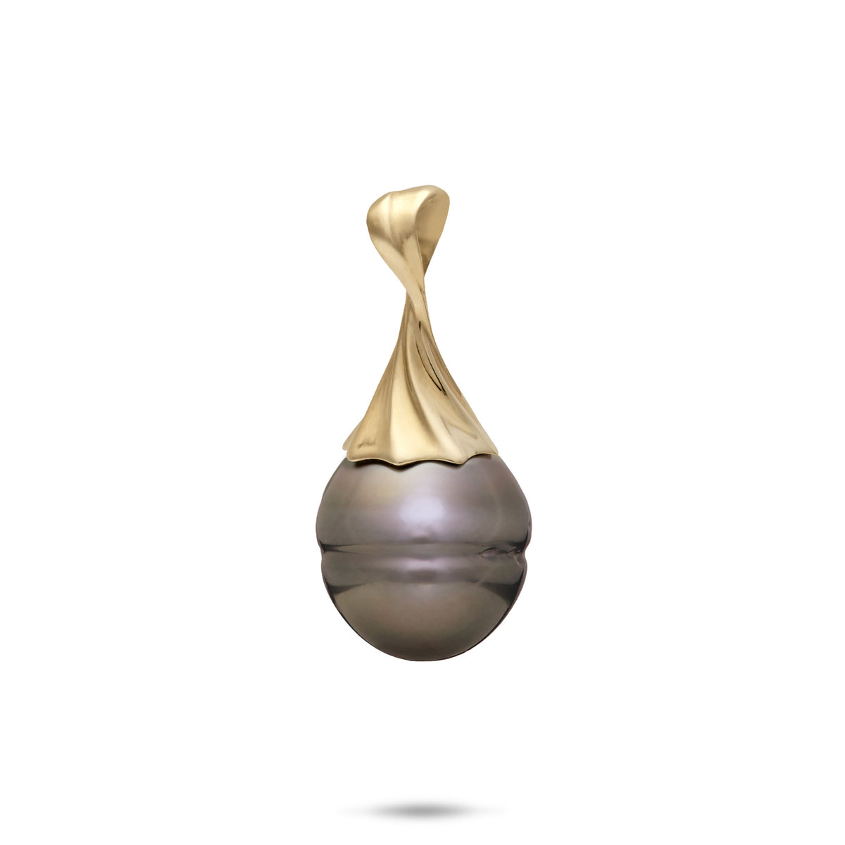 14k yellow gold Waterfall Pendant with a 12-15mm Circle Tahitian Black Pearl on a white background