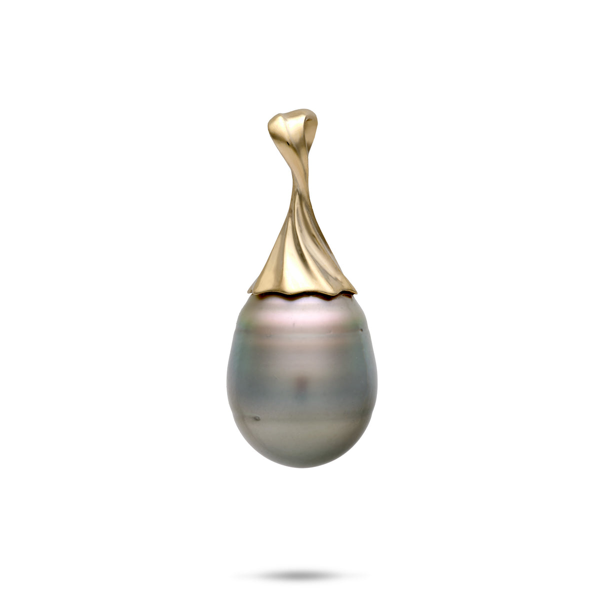14k yellow gold Waterfall Pendant with a 12-14mm Circle Tahitian Black Pearl on a white background
