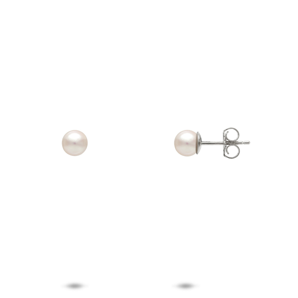 A pair of 4.5-5mm Akoya White Pearl stud earrings, one shown from the front and the other from the side displaying the 14k white gold post and backing, on a clean white background.