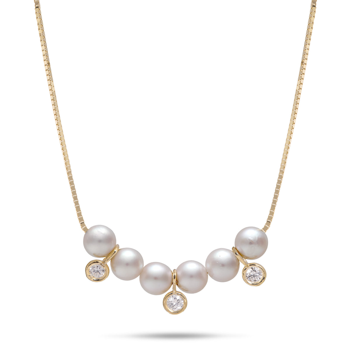 A 14k yellow gold chain necklace featuring a row of six 4.5-5mm white freshwater pearls with small diamonds set in gold, shown on a clean white background.