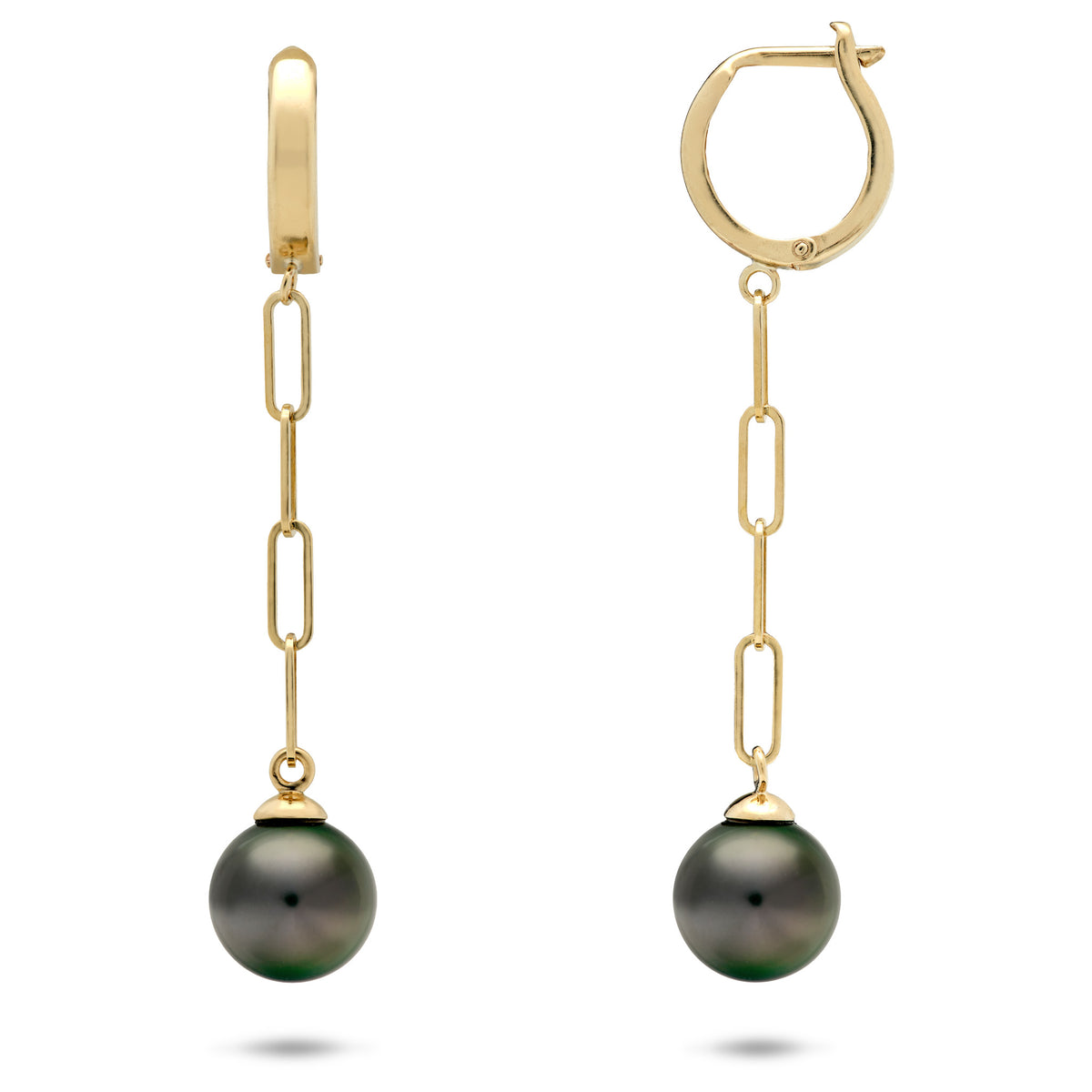 A pair of 14k yellow gold french clip dangle earrings, a short paperclip chain with simple cap posts holding 9-11mm Tahitian Black Pearls against on a white background 
