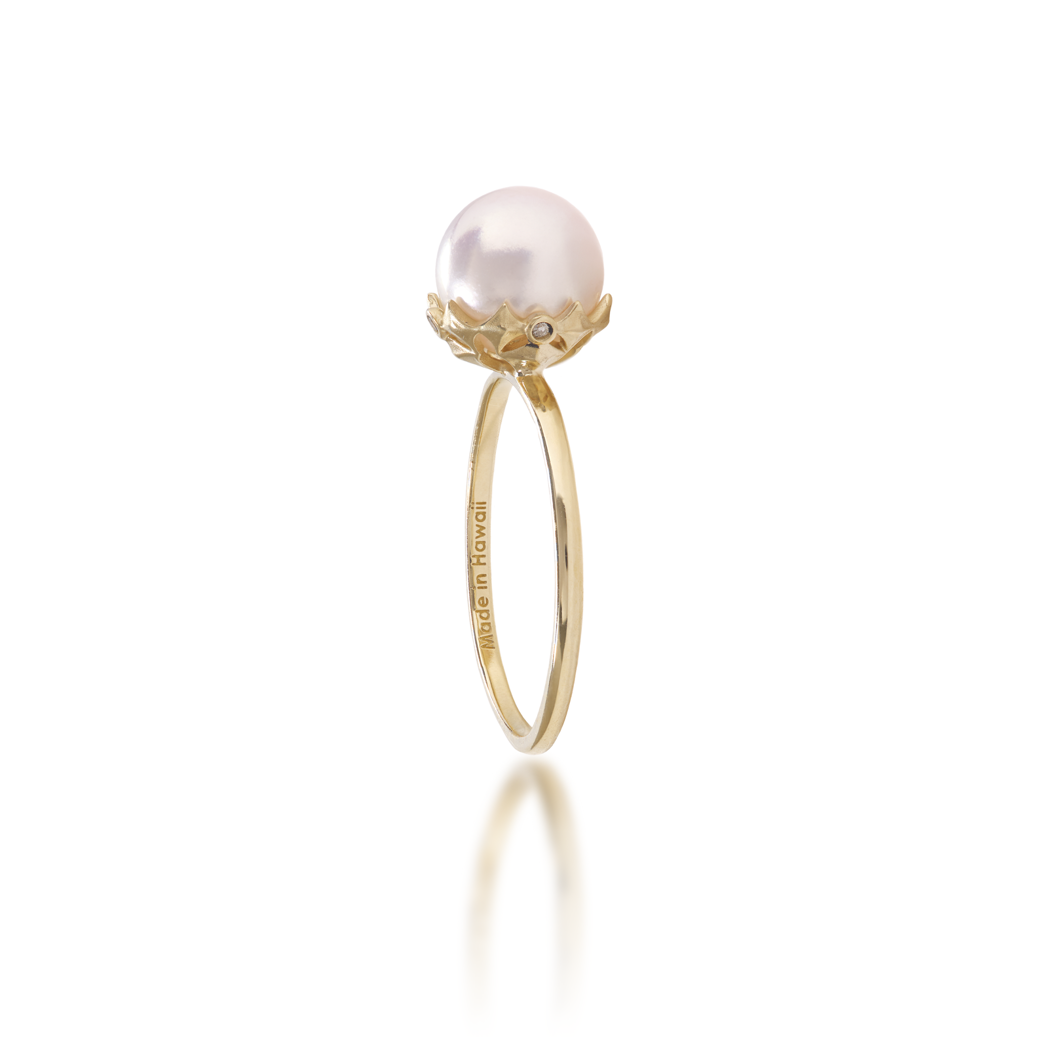 Hawaiian Quilted Star Akoya White Pearl Ring in Gold with Diamonds - 8mm