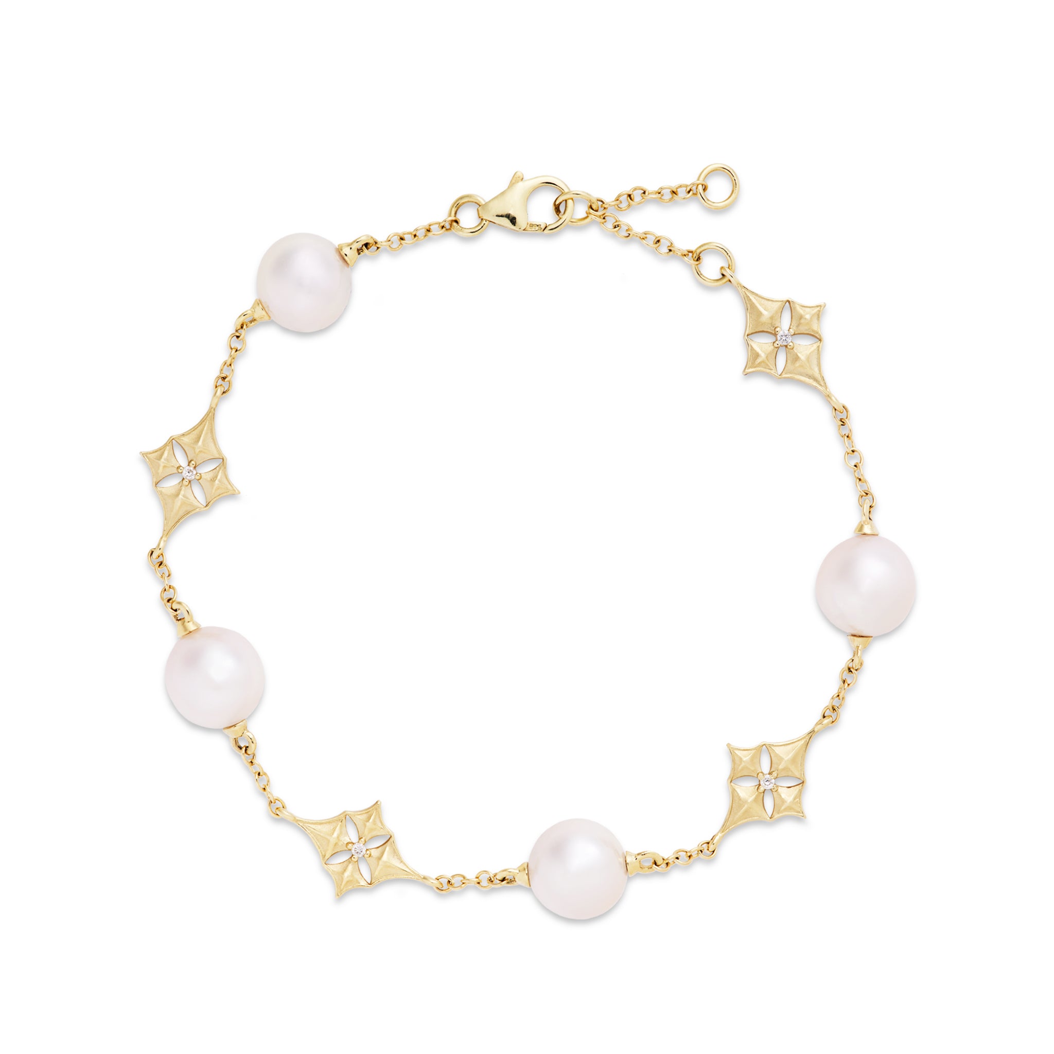 7-8" Hawaiian Quilted Star Akoya White Pearl Bracelet in Gold with Diamonds - 8mm