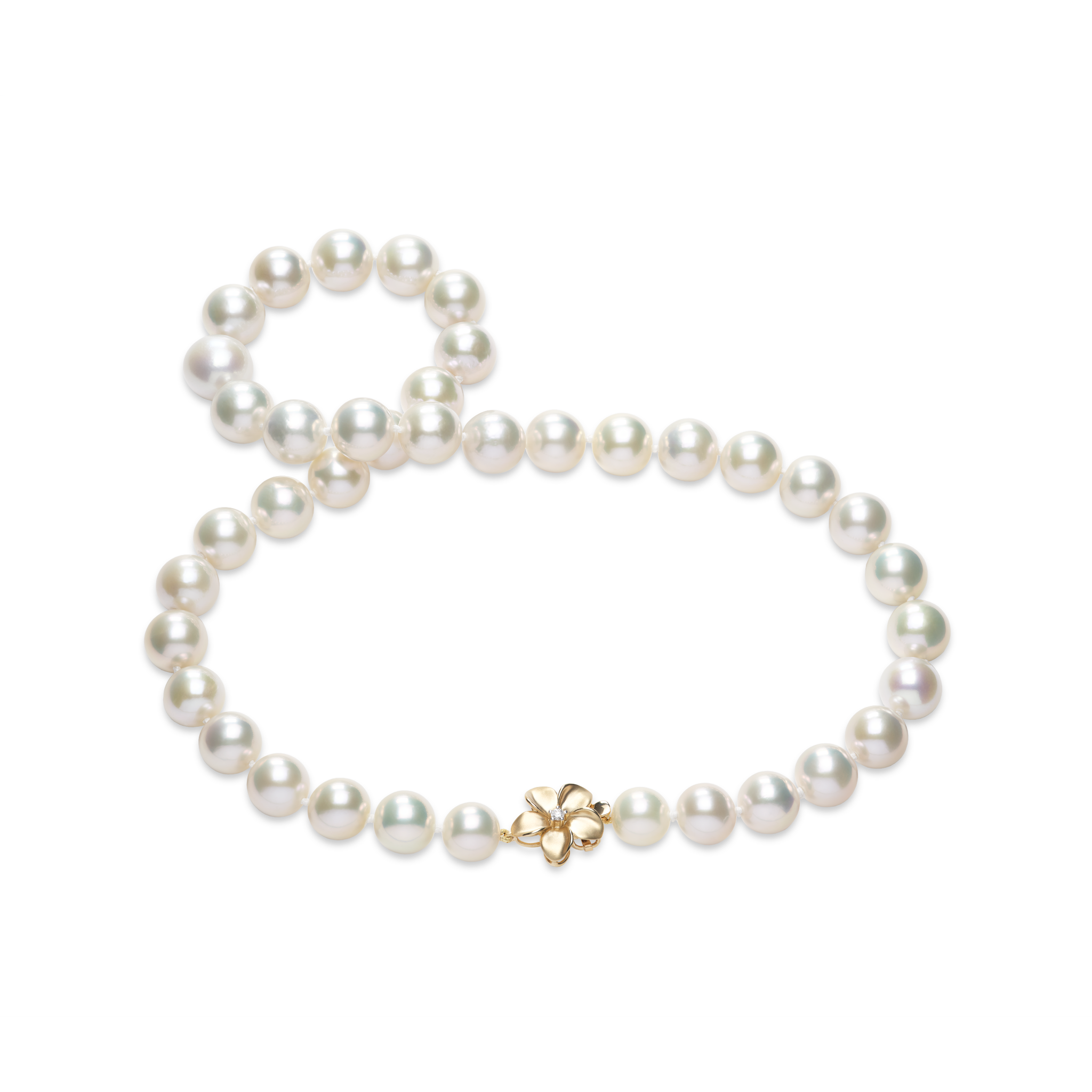 20" Freshwater White Pearl Strand with Diamond Plumeria Clasp in Gold - 10-12mm