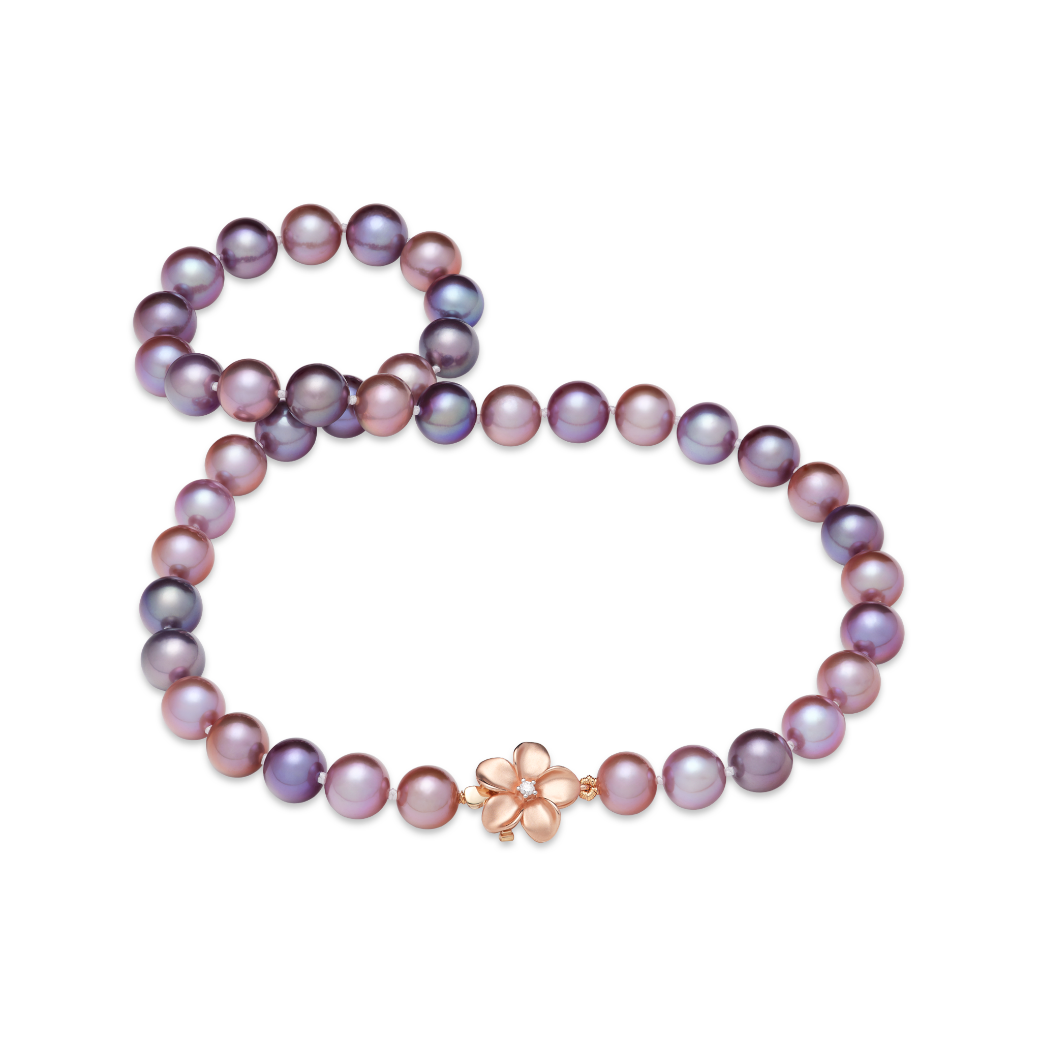 18.5" Freshwater Pearl Strand with Diamond Plumeria Clasp in Rose Gold - 9-13mm