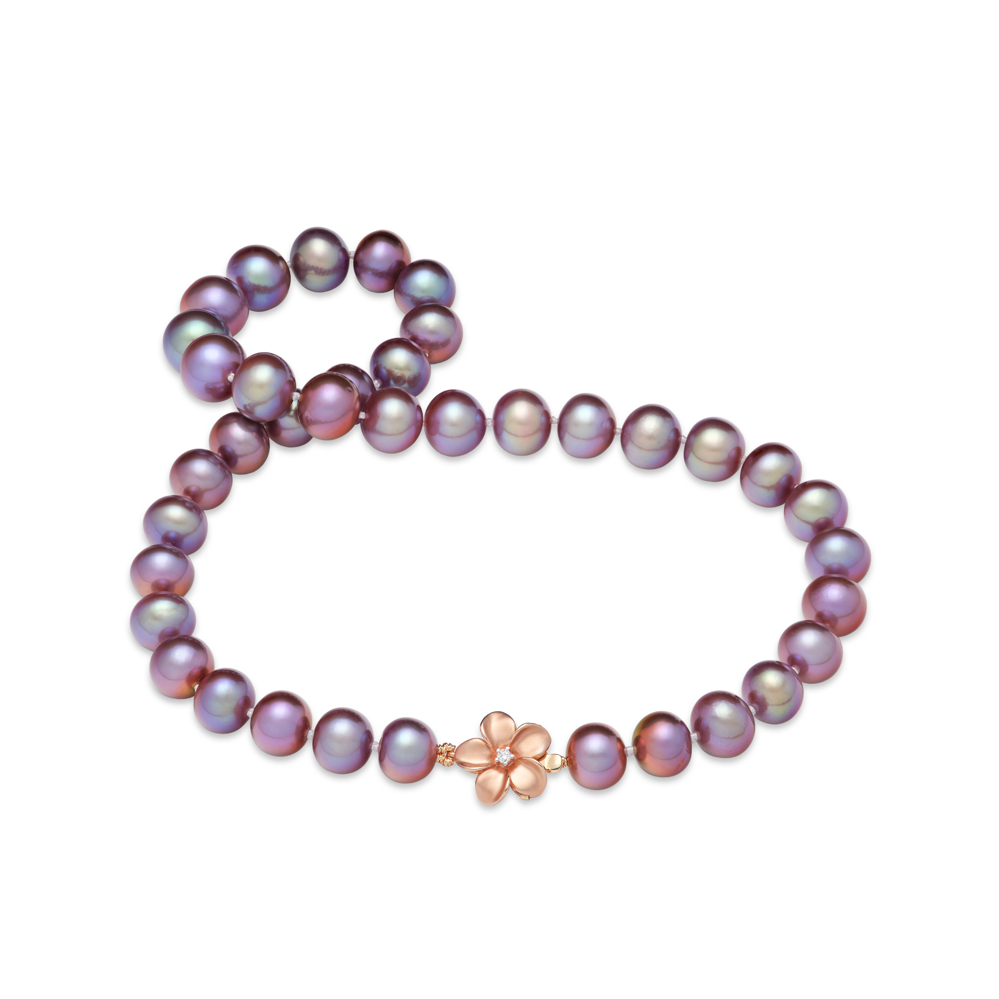 20" Freshwater Pearl Strand with Diamond Plumeria Clasp in Rose Gold - 9-13mm