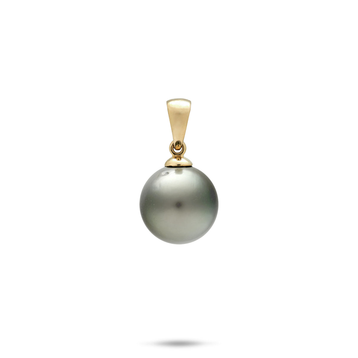 A 11-12mm Round Tahitian Black Pearl Pendant with a simple high-polish 14k yellow gold bail, shown on a white background